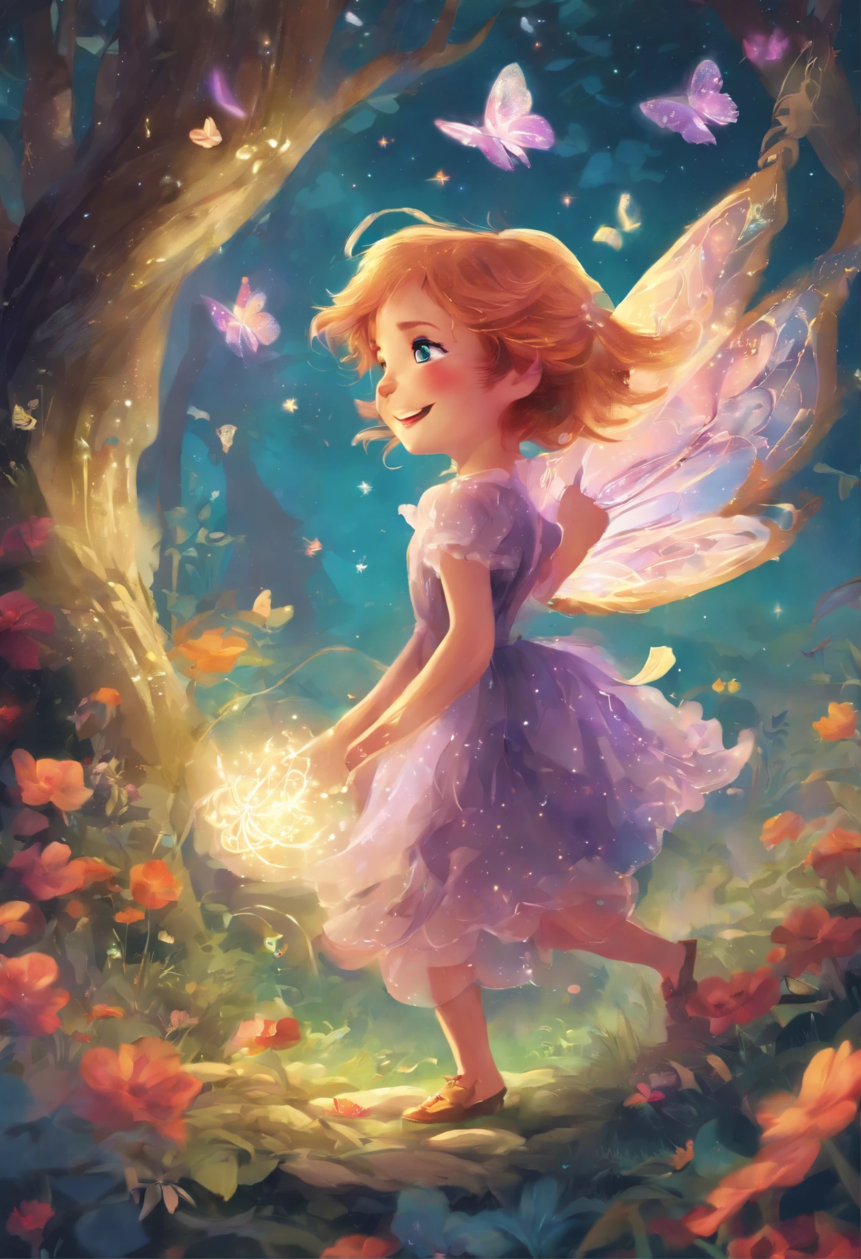 (highres,best quality,ultra-detailed,realistic:1.37),bright colors,soft lighting,illustration,whimsical,playful,tiny creatures,cute,elements,sparkling stars,colorful flowers,curious creatures,friendly animals,magical,enchanted forest,dreamlike scenery,delicate wings,shimmering scales,fluffy fur,gentle smiles,endearing eyes,mischievous expressions,dancing,exploring,dainty creatures,floating in mid-air,harmonious,peaceful,serene,imaginative world,storybook setting,childlike wonder,magical realism,a touch of fantasy,expressive poses,fantastical details,daydream,joyful,charming,charismatic,characters,pixie dust,magical glow,whimsical characters,fantasy adventure.