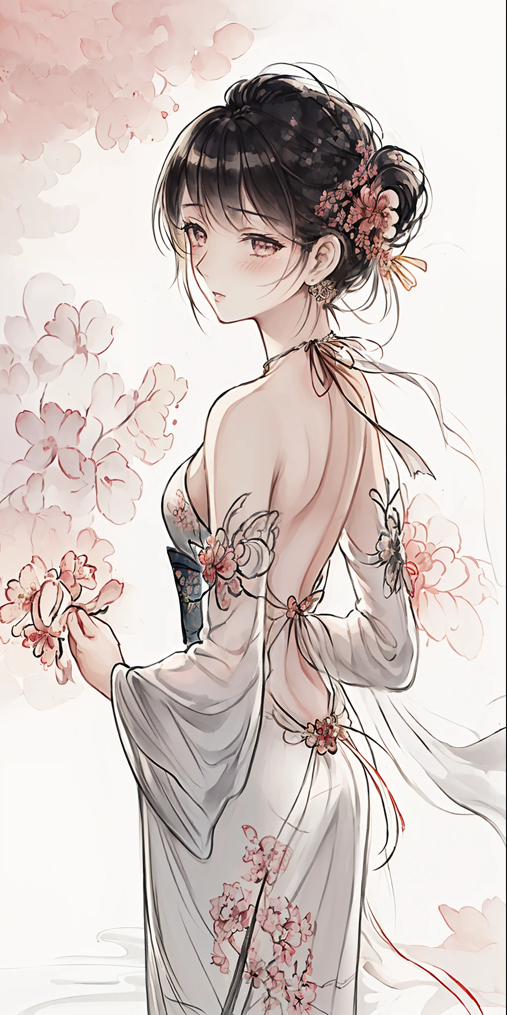 (((masterpiece))),(((best quality))),((ultra-detailed)), ((illustration)),floating, ((extremely delicate and beautiful)),(beautiful detailed eyes), ((disheveled hair)), (painting),(sketch), 1girl, small_breasts,((neck)),(back)),(looking back), blush,dhalter dress, chipped hair,backless dress