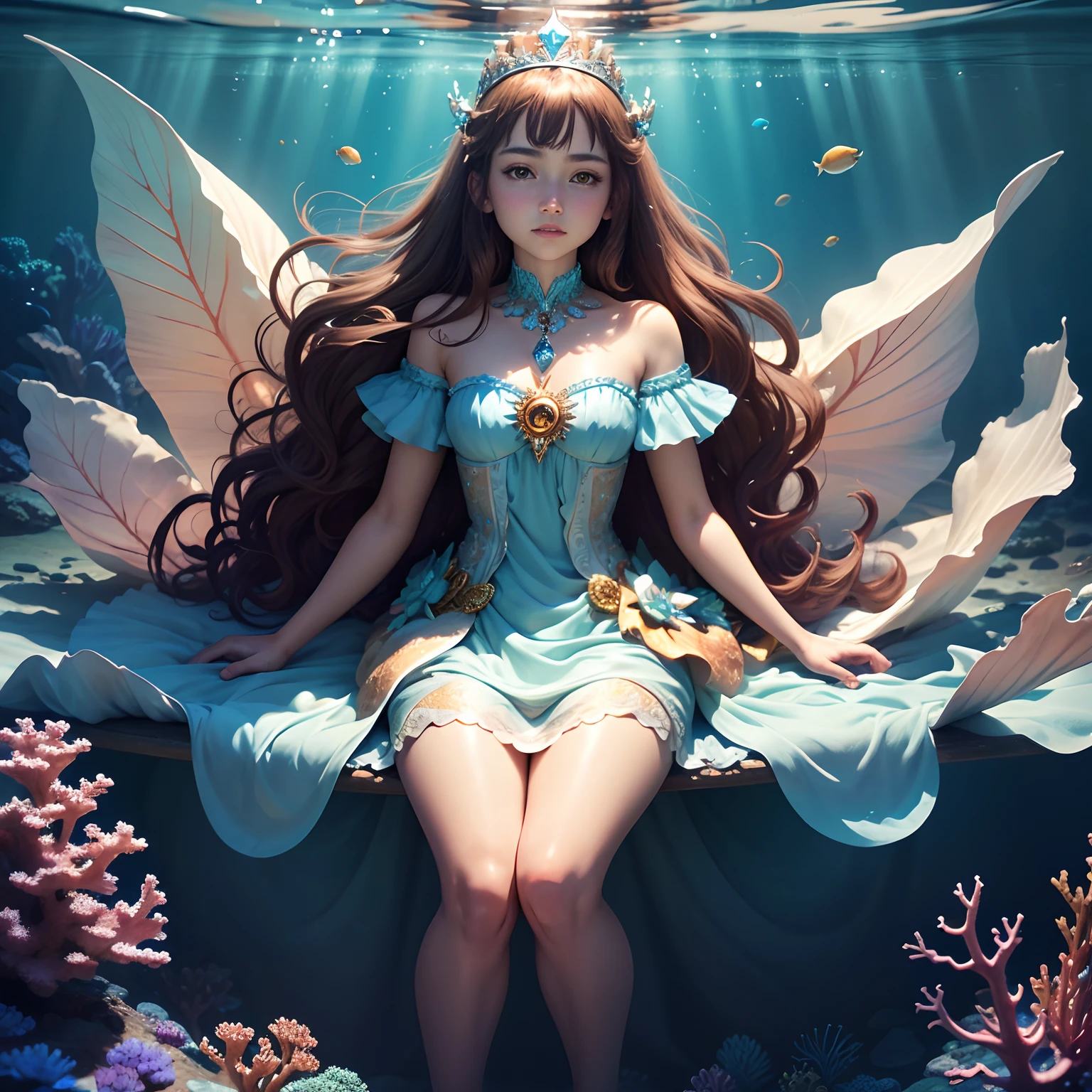 High detail CG，rich details​，An underwater world in the sun，water bubbles，small fish swimming around，Dress normally，Princess dress，A crystal crown is worn on his head，Dragon Princess，Wear an exaggerated necklace，Brown hair long，The sun shines on the body，glowing white，The art of clocking in，Sit in the underwater world with your arms folded in your legs，The corals