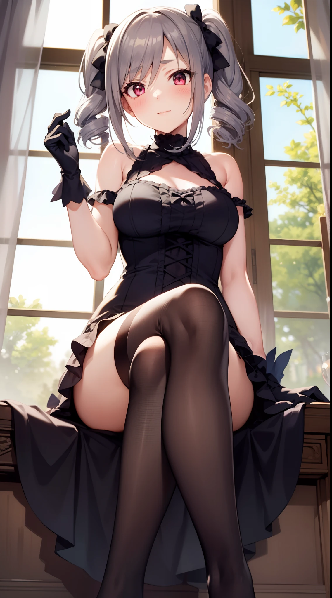 1girl,gray hair,Ranko Kanzaki,blush,shoulder,Gothic ta,black gloves,sitting,two legs,legs focus,black thigh high stockings,from below,