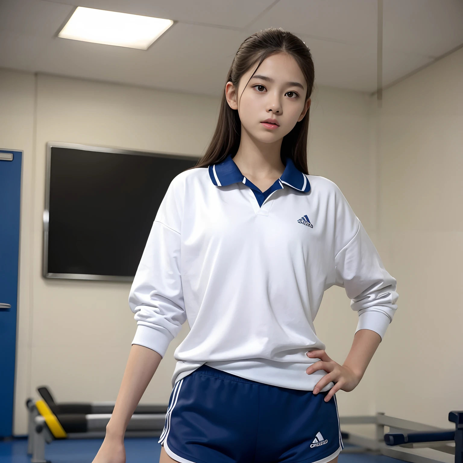Junior high school student in white shirt and dark blue shorts doing frisbee, fully body photo, fit pic, wearing track and field suit, Sweating, Active, Fit, indoor picture, Wearing a volleyball jersey, middle shot waist up, standing in class, put hands on the hip, girl wearing school uniform, At the gym, portrait full body, White gym clothes, Person in the foreground