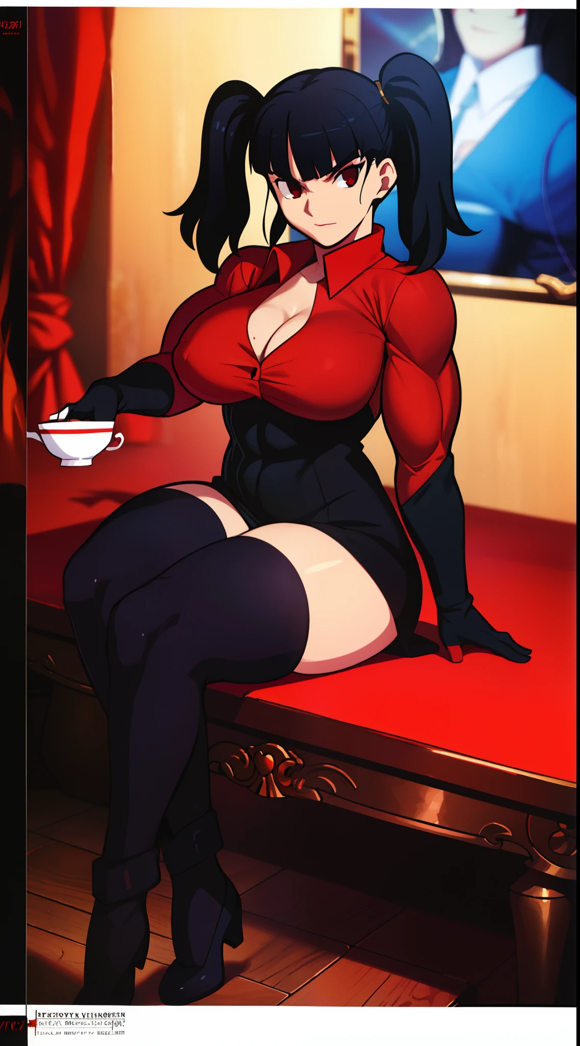 takeuchi takashi, artstyle, Nastasha Volstov, from Gold Digger Comic, Character, By Fred Perry, Vampire, black hair, red eyes, pony tail, blunt bangs, red lipstick, ((black bodysuit dress)), pronounced feminine features, (red lips:0.8), busty, large breasts, off shoulder black dress:1.1,cleavage, elbow gloves, scowl, detailed background, Sitting, in living room with a teacup on the table, centered, Full body Portrait, best quality, masterpiece, large breasts, thick thighs, thick hips, thin waist, solo curvy ((muscular))