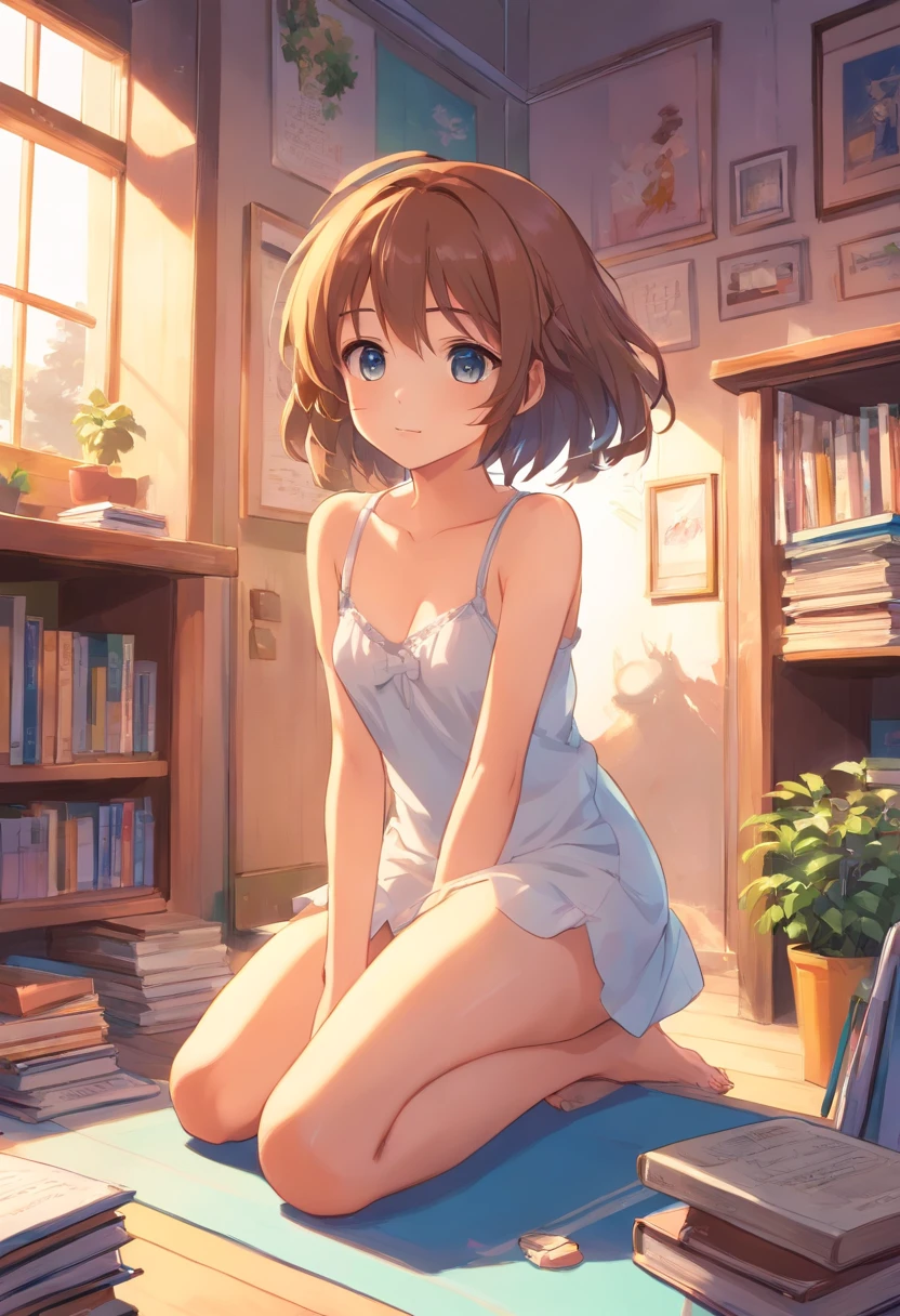 a cute loli，Barefoot，Tummy down，Look up at your head，raise her legs，School swim wear，white  panties，largeeyes，Cute faces in anime，looking at book，Wet