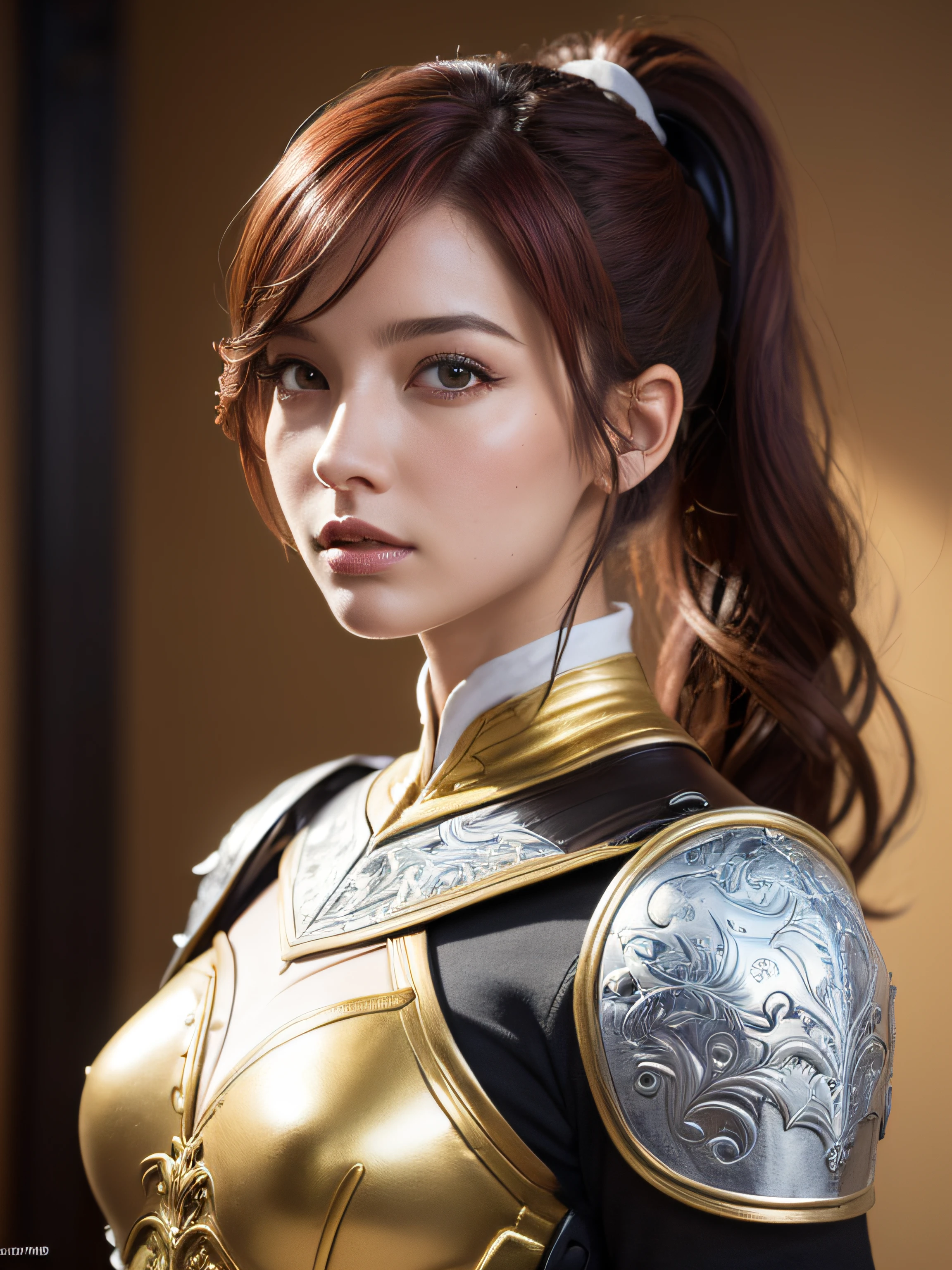 (8K, Raw photo, Best Quality, masutepiece:1.2), (Realistic, Photorealsitic:1.4), (Highly detailed CG Unity 8K wallpaper), full bodyesbian (lotr:1.1) Woman in Gold (leather armor:1.3), Worn armor, (Insanely detailed:1.5), Gold and (white:1.5), concept art portrait by greg rutkowski, ArtGerm, Ultra-detailed, complex and detailed gothic art trending at art stations, Fantastical, intricate detailes, (Small blue highlights:1), (redhair, Wavy Hair, High Ponytail: 1.4)
