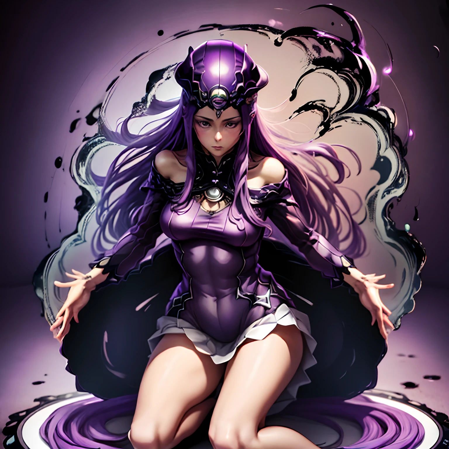 (Purple long hair), (purple clothing) , ( purple eyes), ( surrounded by flies), (purple aura), (purple witch hat)