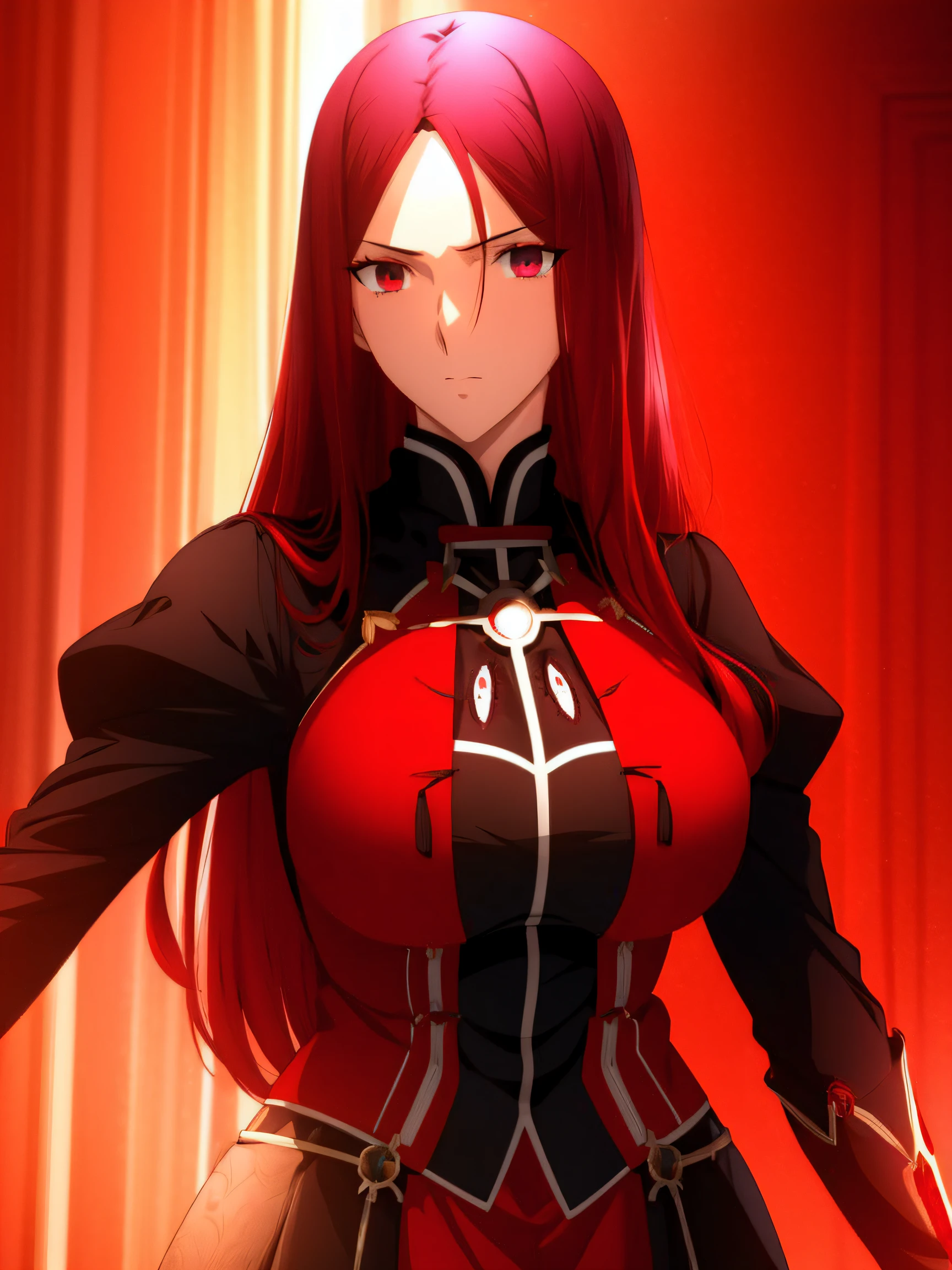 ((fate/zero)), ((sola-ui_nuada-re_sophia-ri face)), a noble mature female with dark red magenta hair and red eyes in casual dress, (((long dark red magenta hair))), hair silced back, ((red eyes)), ((puffy_sleeves)), long_sleeves, medium breasts, (cowboy_shot:1.5), (beautiful detailed eyes:1.7), beautiful detailed symmetrical face, hypermaximalist, hyper realistic, super detailed, looking at the viewer, dynamic pose, face focus, eye focus (((masterpiece))), (((best quality))), illustration, ufotable style