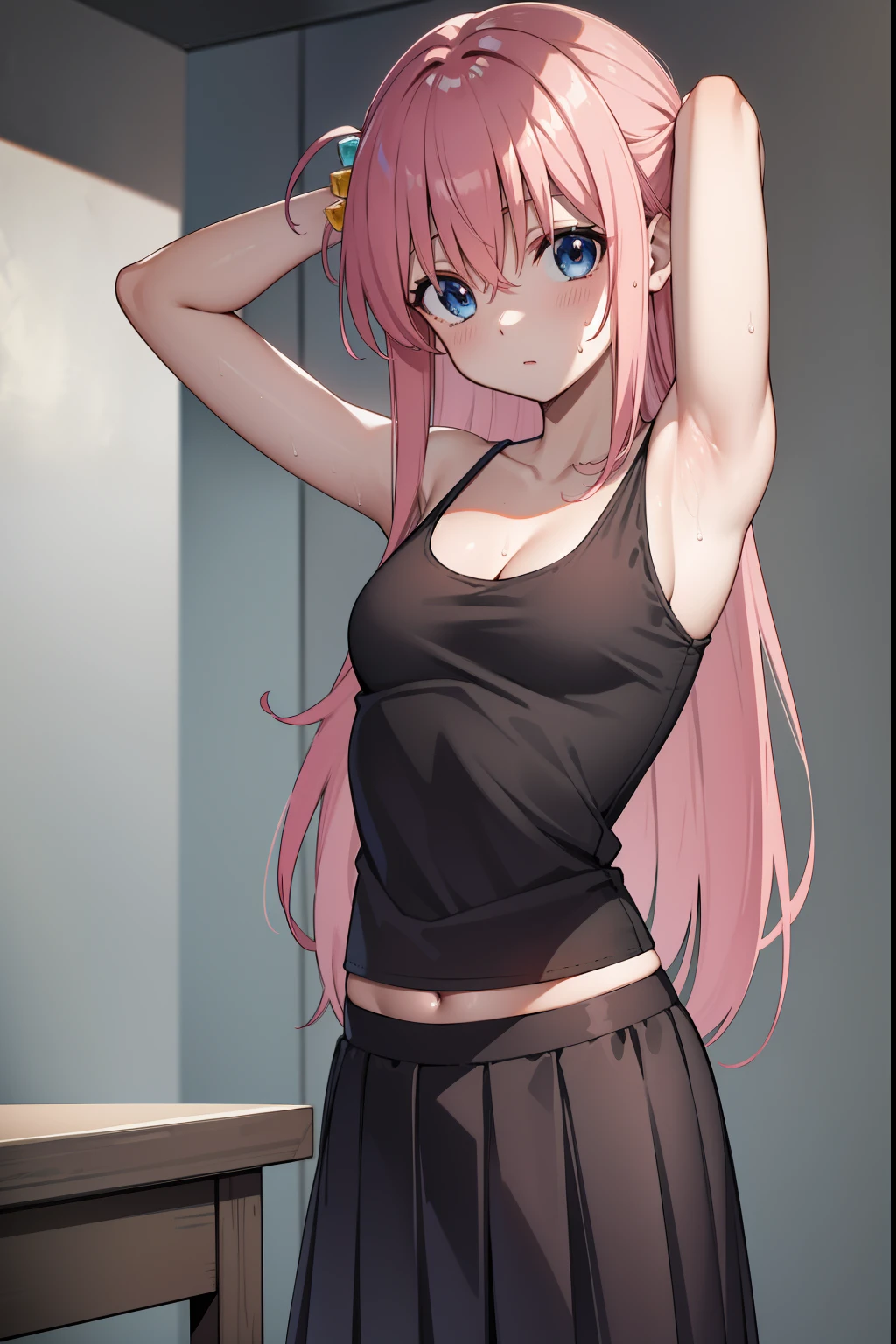 hitorigotou, hitori gotou, blue eyes, cube hair ornament, hair between eyes, hair ornament, pink hair, one side up, long hair,
BREAK black skirt,  (black tanktop:1.5), pink pants, pleated skirt, skirt, tanktop 
BREAK looking at viewer, arms up, armpits, sweat, sweaty armpits
BREAK indoors, classroom,
BREAK (masterpiece:1.2), best quality, high resolution, unity 8k wallpaper, (illustration:0.8), (beautiful detailed eyes:1.6), extremely detailed face, perfect lighting, extremely detailed CG, (perfect hands, perfect anatomy),