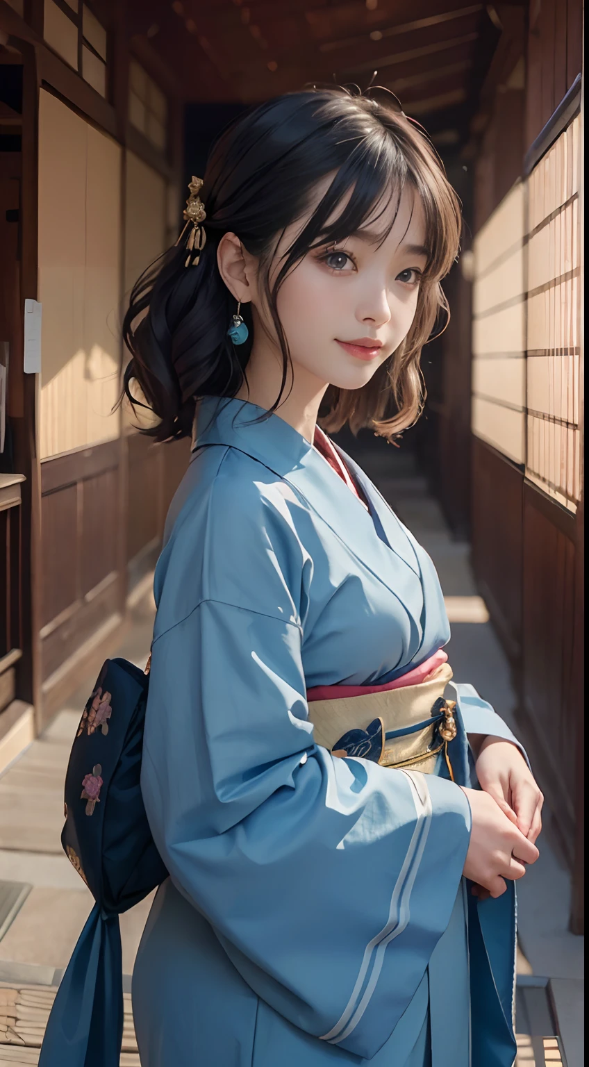 ((top-quality、8K、masterpiece:1.3))、bowing、welcome、Seiza、japanes、small tits、Perfect Body Beauty:1.4、Kimono:1.5、((Delicate hair))、Japan at 28 years old、二重まぶた、baby-face、 A smile, Dark hair, bangss, Beautiful detailed eyes,The background is the ancient capital、kyoto、shrines、Blue kimono、
