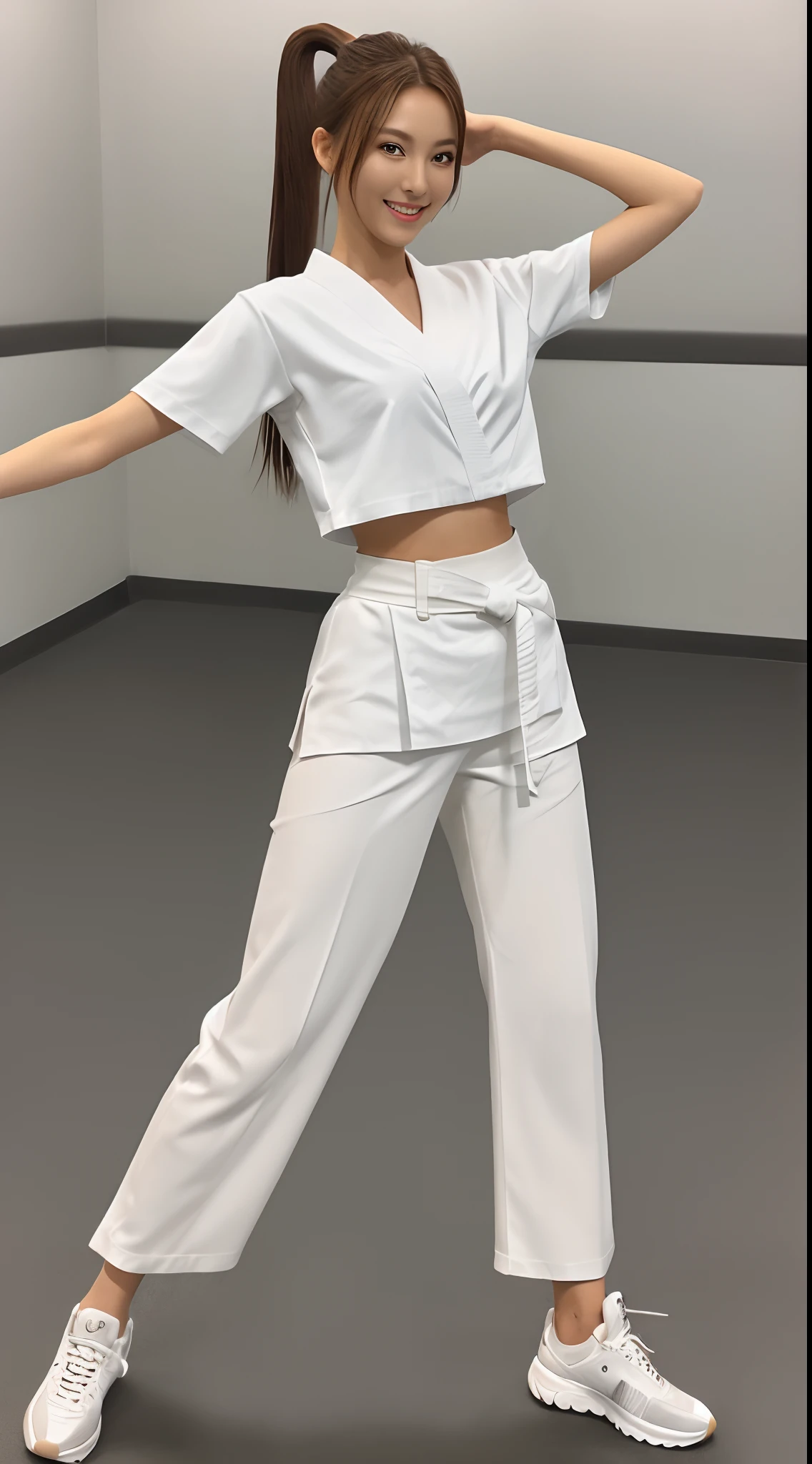 (Photorealsitic)(), Perfectly beautiful woman, (Full body 8K portrait), White Karate Uniform, White karate pants, Large bust,Stand alone, dynamic movements, Perfect facial detail, (Smile: 1.15), attractive beautiful face, gazing at viewer, a small face, 二重まぶた, Beautiful detailed eyes, long eyeslashes, ligh brown hair, ponytail in high position, Toned waist, Beautiful thin legs, toned ankles, bare-legged ,TOKYOcty