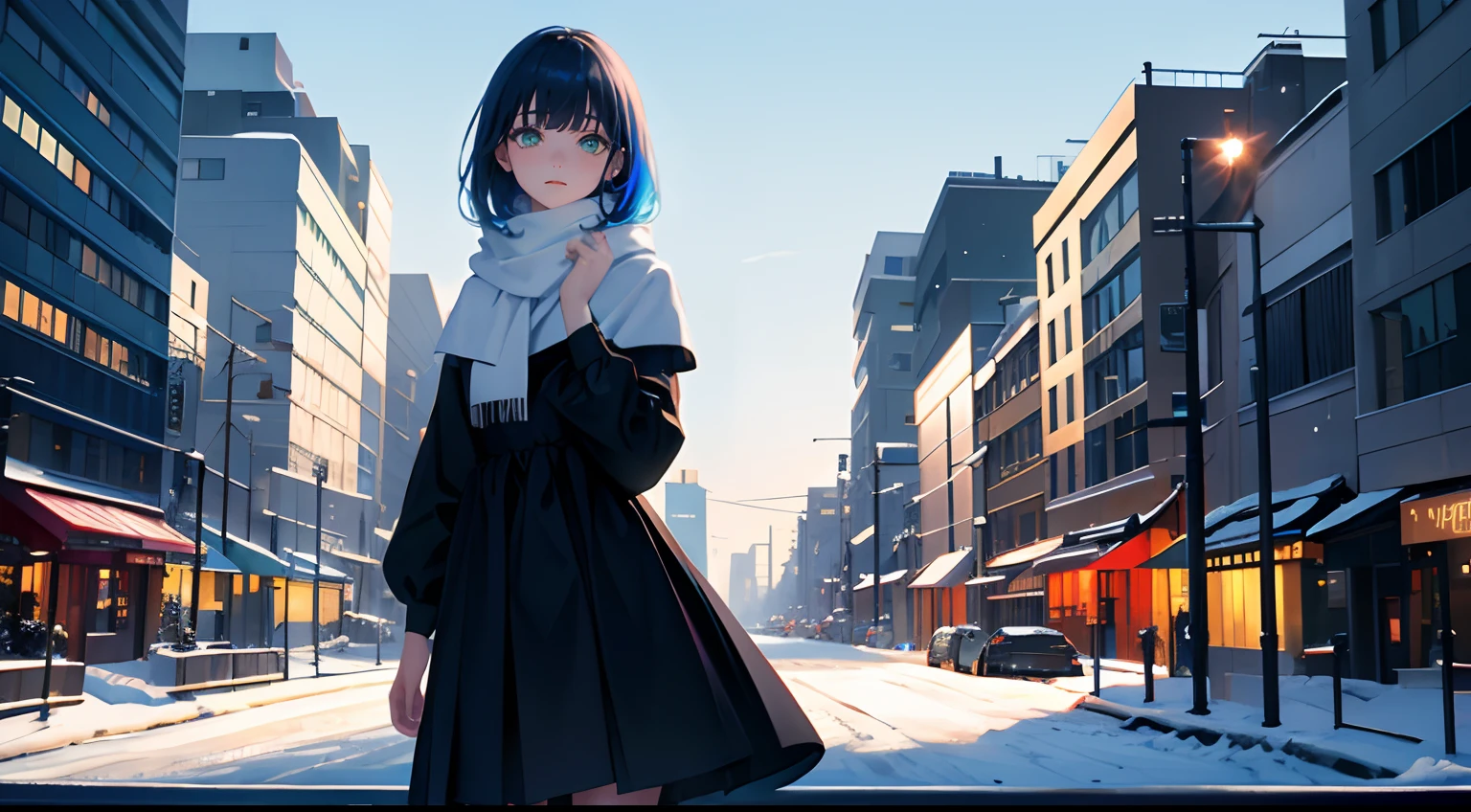 1 tall slim girl, blue hair, side swept hair, bangs, green eyes, black long sleeve dress, white scarf, night snowy city, irithyll of the boreal valley, streets, full shot, beautiful and aesthetic, extremely detailed, colorful, highest detail, perfect face, HDR, perfect anatomy, light leaks, shiny skin, high quality, 1girl, 8k, 4k, RAW photo, official artwork, lonely feeling, lost in thoughts, scenery