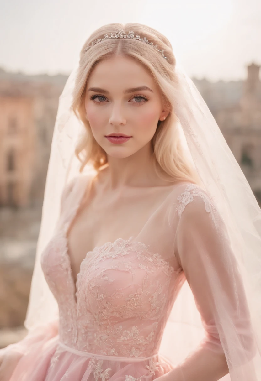 (Full body photo of one girl dressed as a bride in a large transparent veil and pink dress + Soft and delicate + blonde hair)+(long dresses in bright colors, brightened light, Long straight blonde hair + Bright and welcoming eyes)+(Pink petals+ gentle wind+ with blue sky and white clouds + Large window)