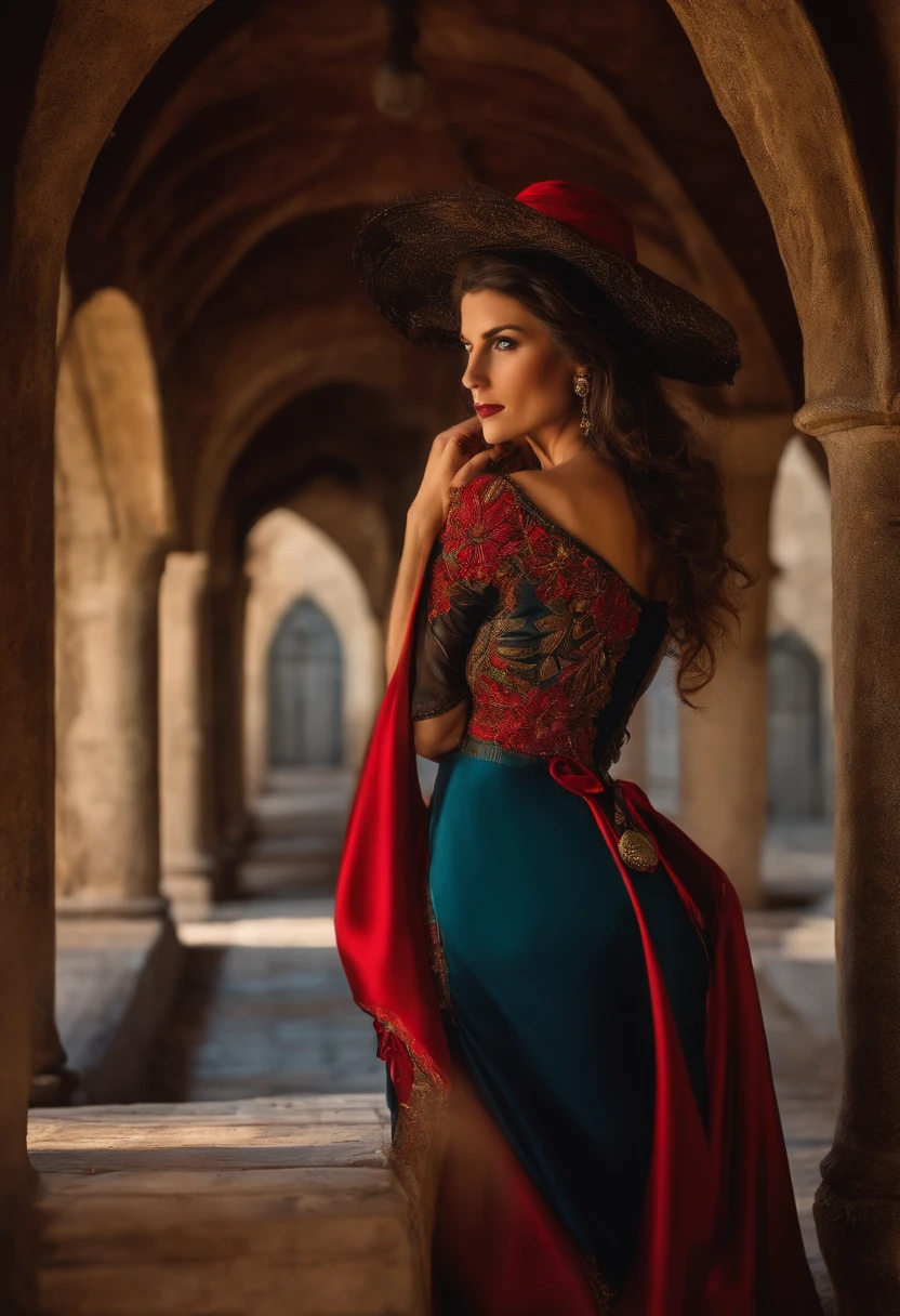 Very beautiful Caucasian woman, 41 Years Old, cabello negro, vestido corto de bruja, Cuerpo muy hermoso, botas altas que cubren la rodilla, high-heeled, Year 1412, Spain