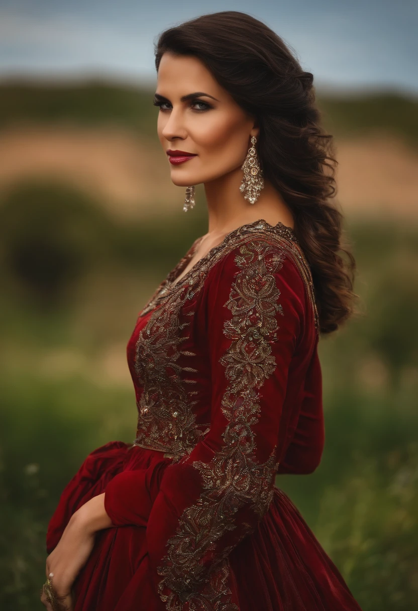 Very beautiful Caucasian woman, 41 Years Old, cabello negro, vestido corto de bruja, Cuerpo muy hermoso, botas altas que cubren la rodilla, high-heeled, Year 1412, Spain
