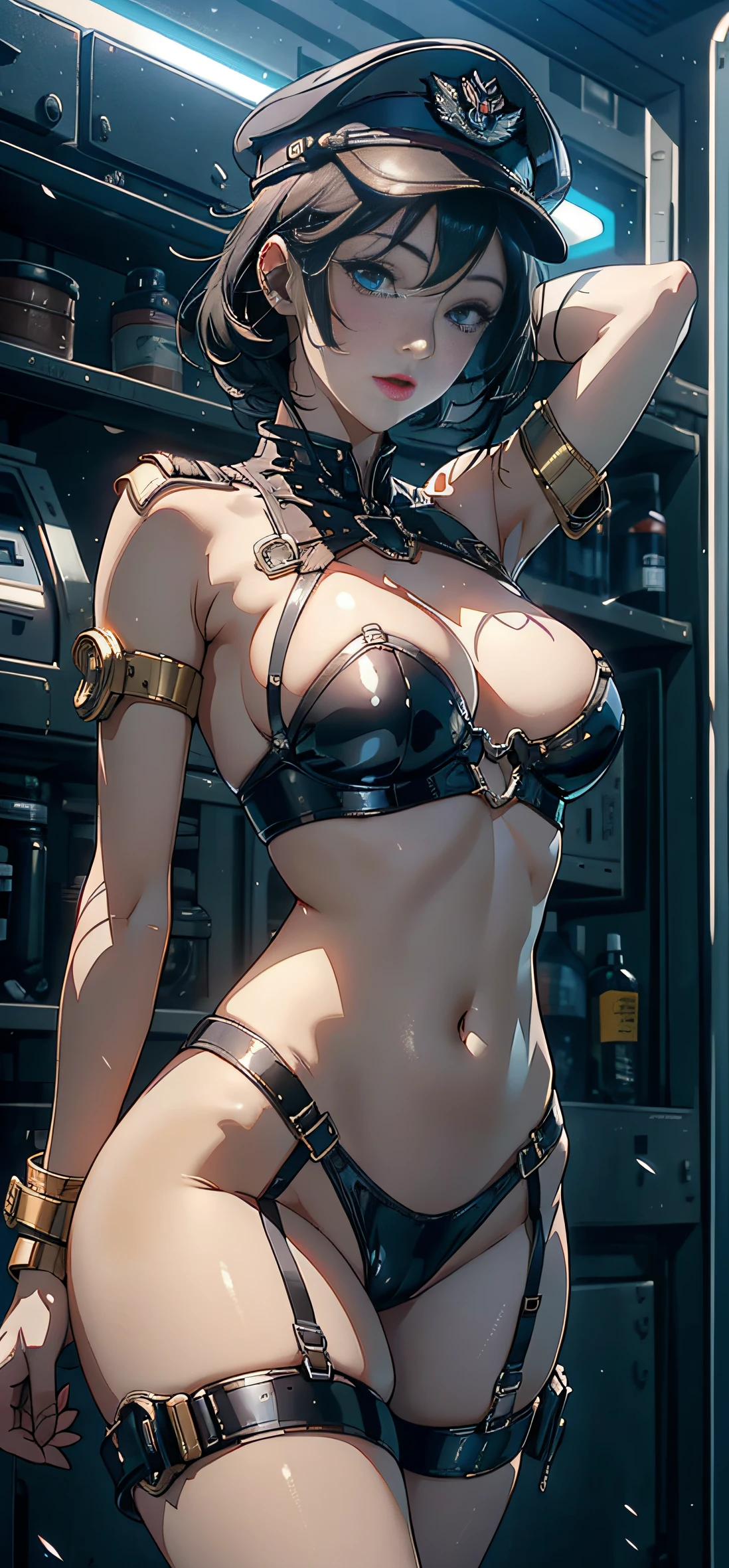 1female,35yo,plumw,extremely large bosom,(Background with:Huge machinery,droid,aerodrome,Planes,Huge mechanical armor,) She has very short black hair,bobo head,Stand on the plane,,seen from the front, hair straight, mostly cloudy sky,(((tmasterpiece),(Very detailed CG unity 8K wallpaper),best qualtiy,cinmatic lighting,detailed back ground,beatiful detailed eyes,Bright pupils,Blue eyes,Snow-whiteskin,Redlip(Very fine and beautiful),(Beautiful and detailed eye description),ultra - detailed,tmasterpiece,))facing at camera,A high resolution,ultra - detailed),revealing breasts,Bare genitalia, Bulge,legs are open,Raised sexy,Camel toes,Flushed complexion,Desire for dissatisfaction,frontage,British Air Force,Aviator,Officer's cap(Wearing:blazer jacket,tailcoat,White color blouse,a black bowtie,Black pantyhose,Gold wire embroidery,Armour,Bare breasts)cyber punk style