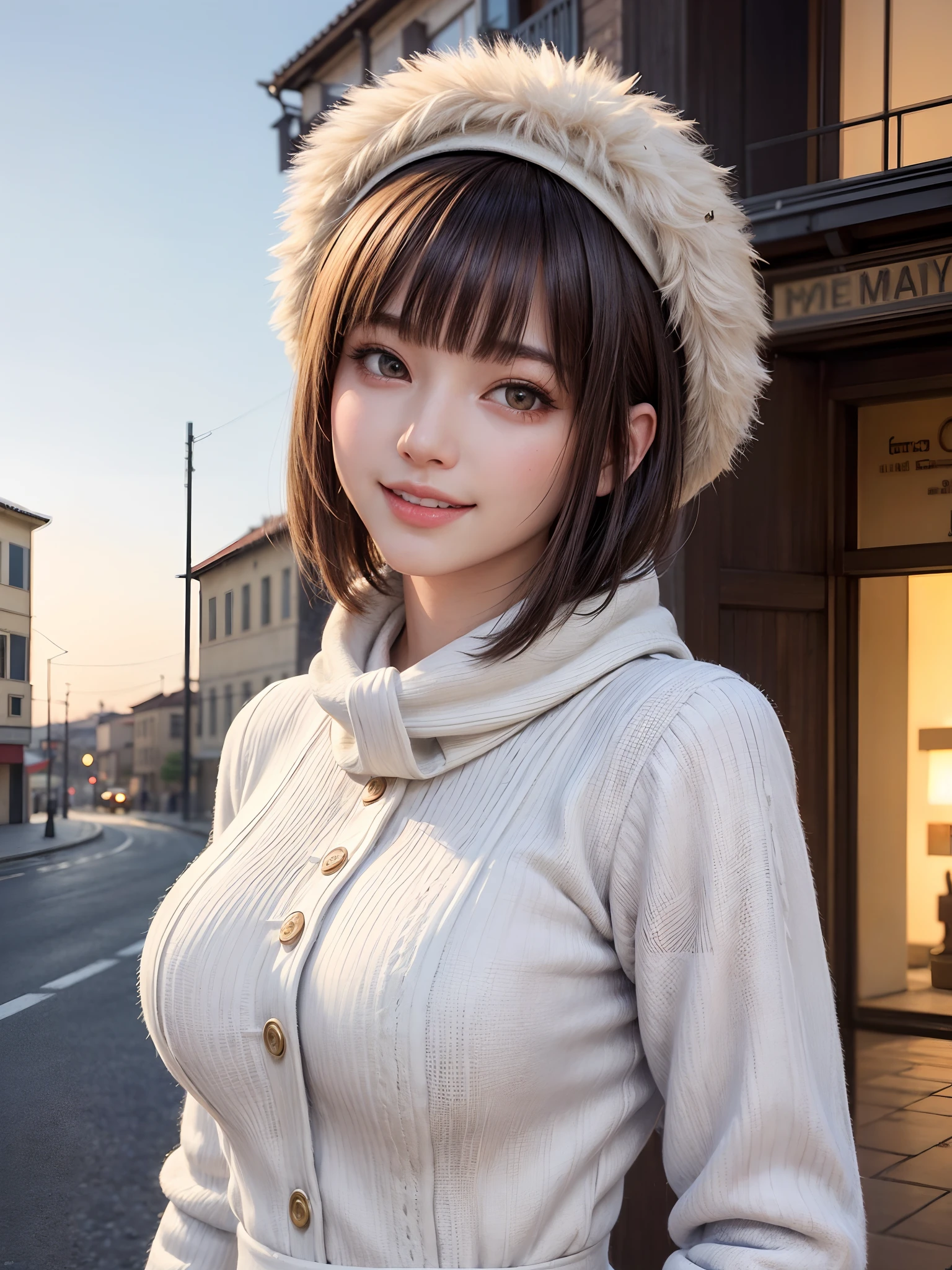 (masterpiece, top-quality、Very attractive adult beauty、Add intense highlights to the eyes),1girl in, 独奏, A dark-haired, scarf, Hats,, realisitic, looking at the viewers, black eyes of light color, shorth hair, coat, Winter clothes, White headscarf, s lips, lipgloss,bangss, The upper part of the body、big eye、Lashes)、((Road system in Italy))、((Shorthair with bangs、big eye、Put very strong highlights in your students、very Bigger breasts、gazing at viewer、Very beautiful beauty、Put your ears out、long neck、little smiling、Beautiful teeth、Open your mouth and smile))、28 year old、Very cute supermodel