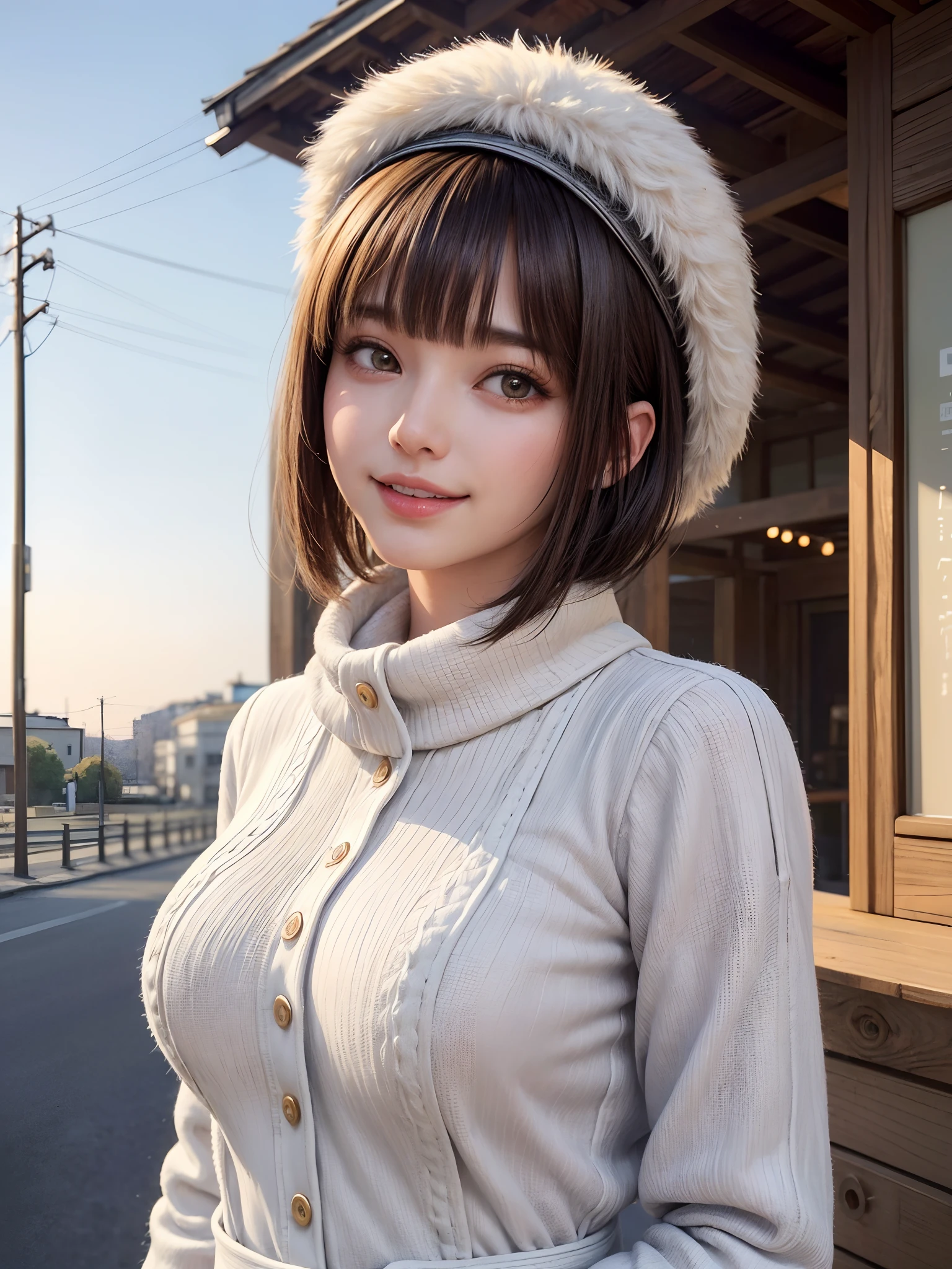 (masterpiece, top-quality、Very attractive adult beauty、Add intense highlights to the eyes),1girl in, 独奏, A dark-haired, scarf, Hats,, realisitic, looking at the viewers, black eyes of light color, shorth hair, coat, Winter clothes, White headscarf, s lips, lipgloss,bangss, The upper part of the body、big eye、Lashes)、((Road system in Italy))、((Shorthair with bangs、big eye、Put very strong highlights in your students、very Bigger breasts、gazing at viewer、Very beautiful beauty、Put your ears out、long neck、little smiling、Beautiful teeth、Open your mouth and smile))、28 year old、Very cute supermodel