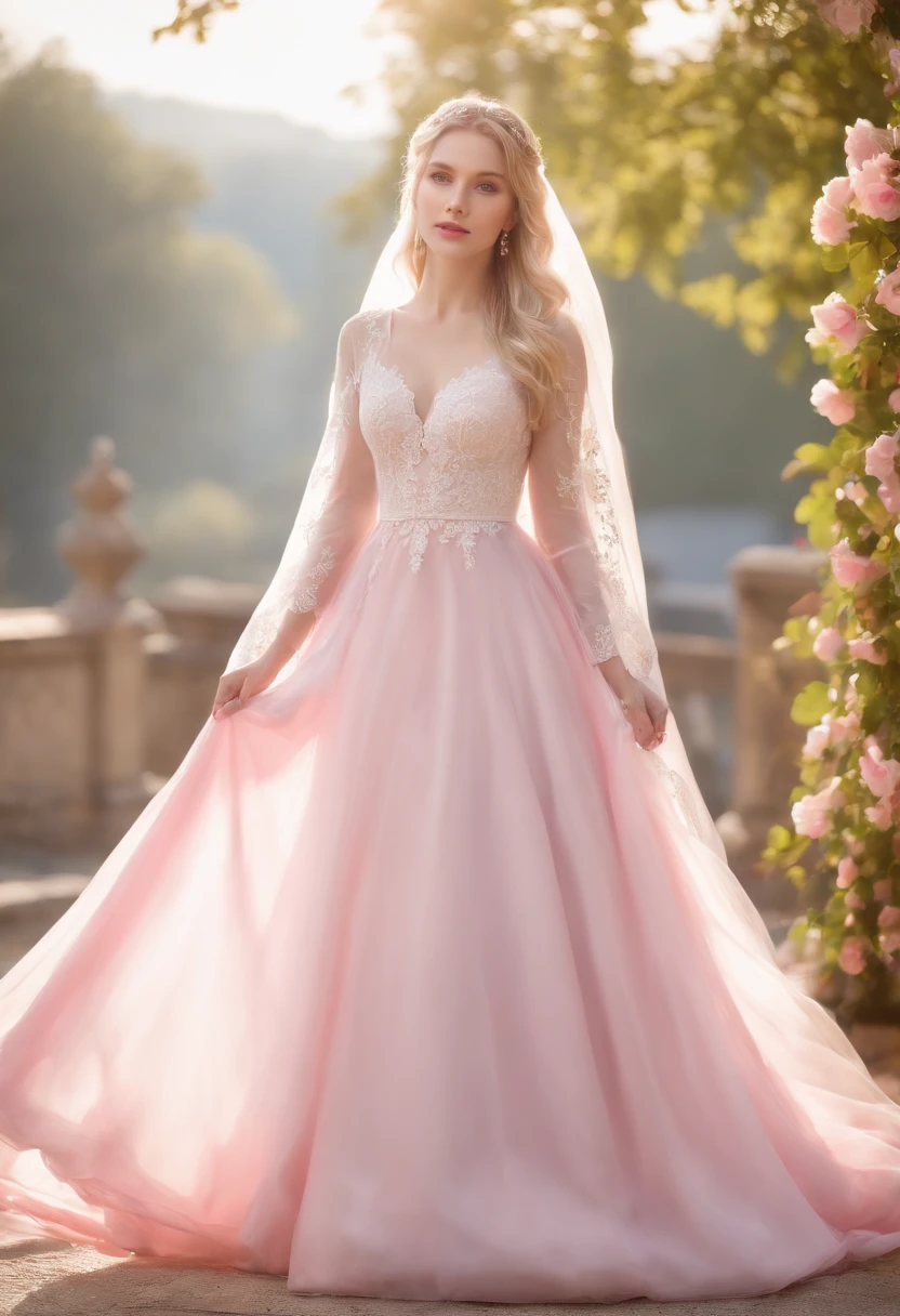 (Full body photo of one girl dressed as a bride in a large transparent veil and pink dress + Soft and delicate + blonde hair)+(long dresses in bright colors, brightened light, Anime Face , Long straight blonde hair + Bright and welcoming eyes)+(Pink petals+ gentle wind+ with blue sky and white clouds + Large window)