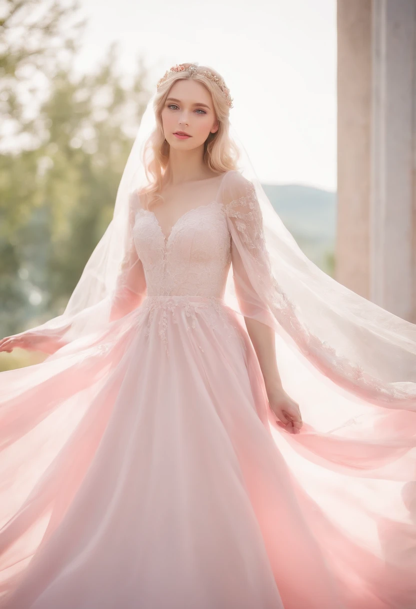 (Full body photo of one girl dressed as a bride in a large transparent veil and pink dress + Soft and delicate + blonde hair)+(long dresses in bright colors, brightened light, Anime Face , Long straight blonde hair + Bright and welcoming eyes)+(Pink petals+ gentle wind+ with blue sky and white clouds + Large window)