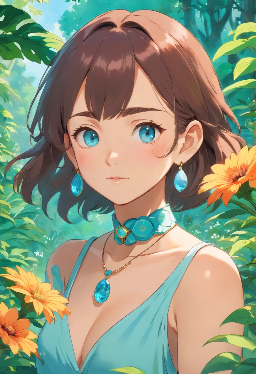 a girl wearing an anime collar, a long necklace and earrings, in the style of tranquil gardenscapes, colorful animation stills, masami teraoka, aquamarine, paul gauguin, Embry style, honest portrayal