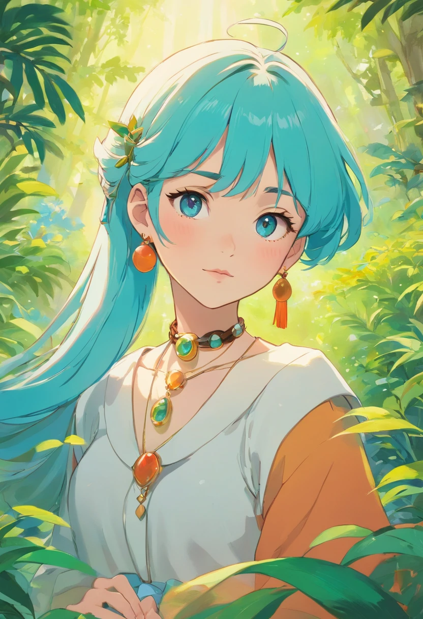 A girl wearing an anime collar, A long necklace and earrings, inthe style of tranquil gardenscapes, colorful animation stills, Masami Teraoka, aquamarine, Paul Gauguin, Amber style, Honest portrayal