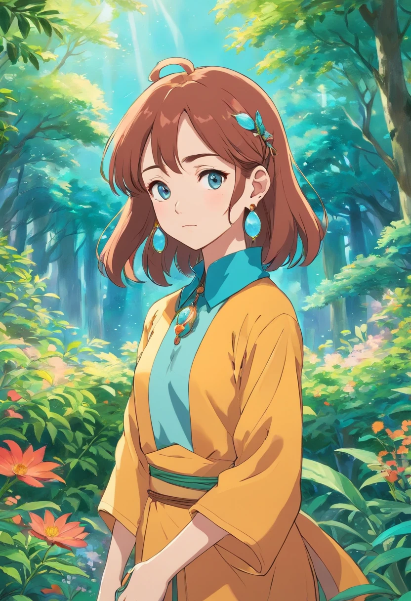 A girl wearing an anime collar, A long necklace and earrings, inthe style of tranquil gardenscapes, colorful animation stills, Masami Teraoka, aquamarine, Paul Gauguin, Amber style, Honest portrayal