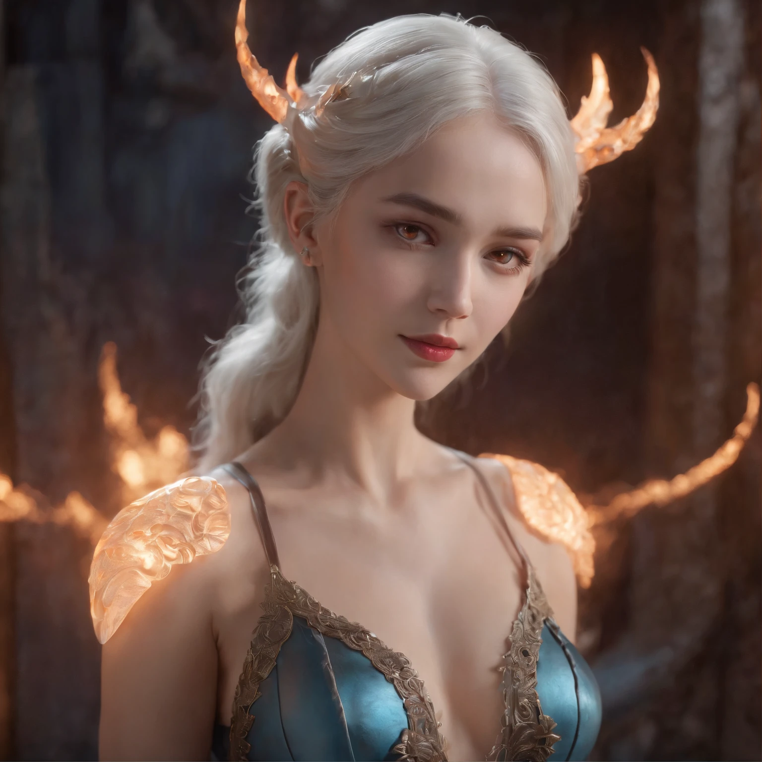 (Many award-winning masterpieces,The details are incredible, textures and maximum detail), (Hyper-realistic: 1.4), (Realistic: 1.3), ((((Front bust)))))(cyber punk perssonage),Red and blue lighting,Wings,whaite hair,Castle building,Mechanical dare,A combination of futuristic technology and magic,(Highest quality authentic textured skin), Fantasy theme, Black clothes, Black cloak, Network elements, Red light, Blue light, finerly detailed face, ((medieval world)),A close-up of a woman,(The flame of the Lord), (With a mischievous smile on his face), (Glowing eyes in the dark: 1.5), (A pair of black eyes,A strong red light is emitted from the inside) :1.5), (full-body standing image: 1.5), (Dramaticlight), Wings, (A majestic sight), (Her face is gentle and beautiful, but somehow terrifying), Ears Wear glass earrings, (Dramatic photo: 1.4), (Full body portrait: 1.5), ((dramatic pose)), (blond hairbl), (Silver hair), (Maroon hair), Short hair, ((Looking up)) , ((Look down)), (A simple necklace of exquisite workmanship hangs around the neck), (Bioluminescence that emits a bright glow: 1.3), (Use gorgeous fire magic: 1.2), (swirling fire), Devil's Cathedral, The Devil's Grand Shrine, great temple, great cathedral, Temple ruins, Freestanding temple, (Luminous magic circle), Ancient Castle Site, Shine majestic clouds and sky, Lightning, Epic reality, fading, art, (greg rutkovsky: 0.8), (Teal and orange: 0.4), (art stations: 1.5), Cinematic, ((com cores neutras)), (hdr: 1.5), (Pastel colors: 1.2), Ultra detailed, Dramaticlight, (complexdetails: 1.1), the complex background,