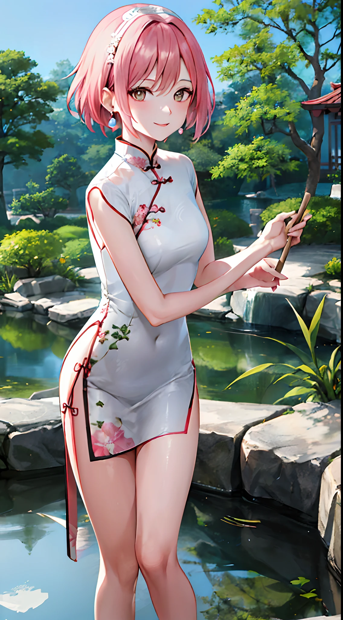 A woman in a white cheongsam standing next to the pond, beautiful Chinese woman, white cheongsam, short cheongsam, tight, pink print, she is about 30 years old, sexy chest, thighs, earrings, light body, smile, thin clothing, cute woman