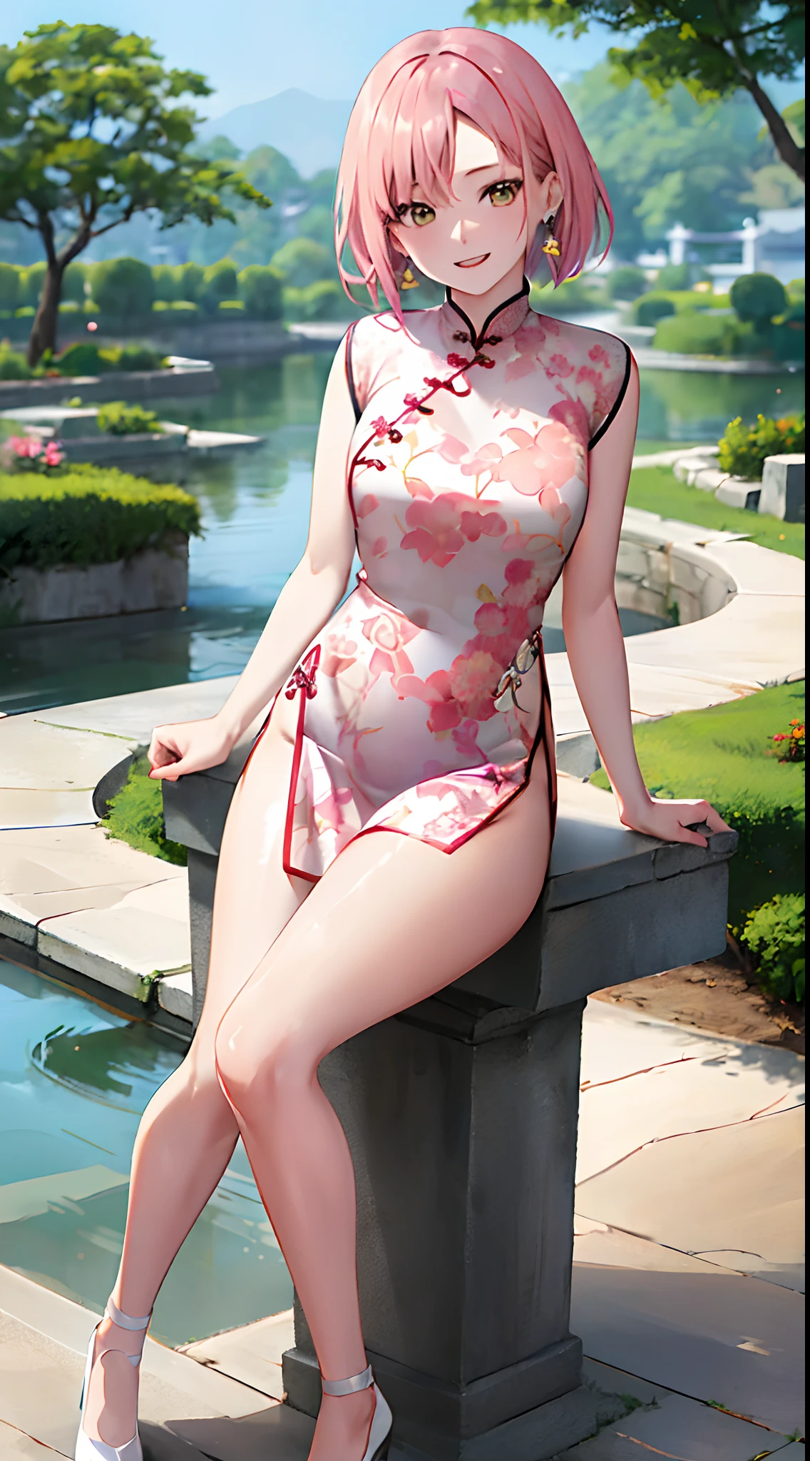 A woman in a white cheongsam standing next to the pond, beautiful Chinese woman, white cheongsam, short cheongsam, tight, pink print, she is about 30 years old, sexy chest, thighs, earrings, light body, smile, thin clothing, cute woman