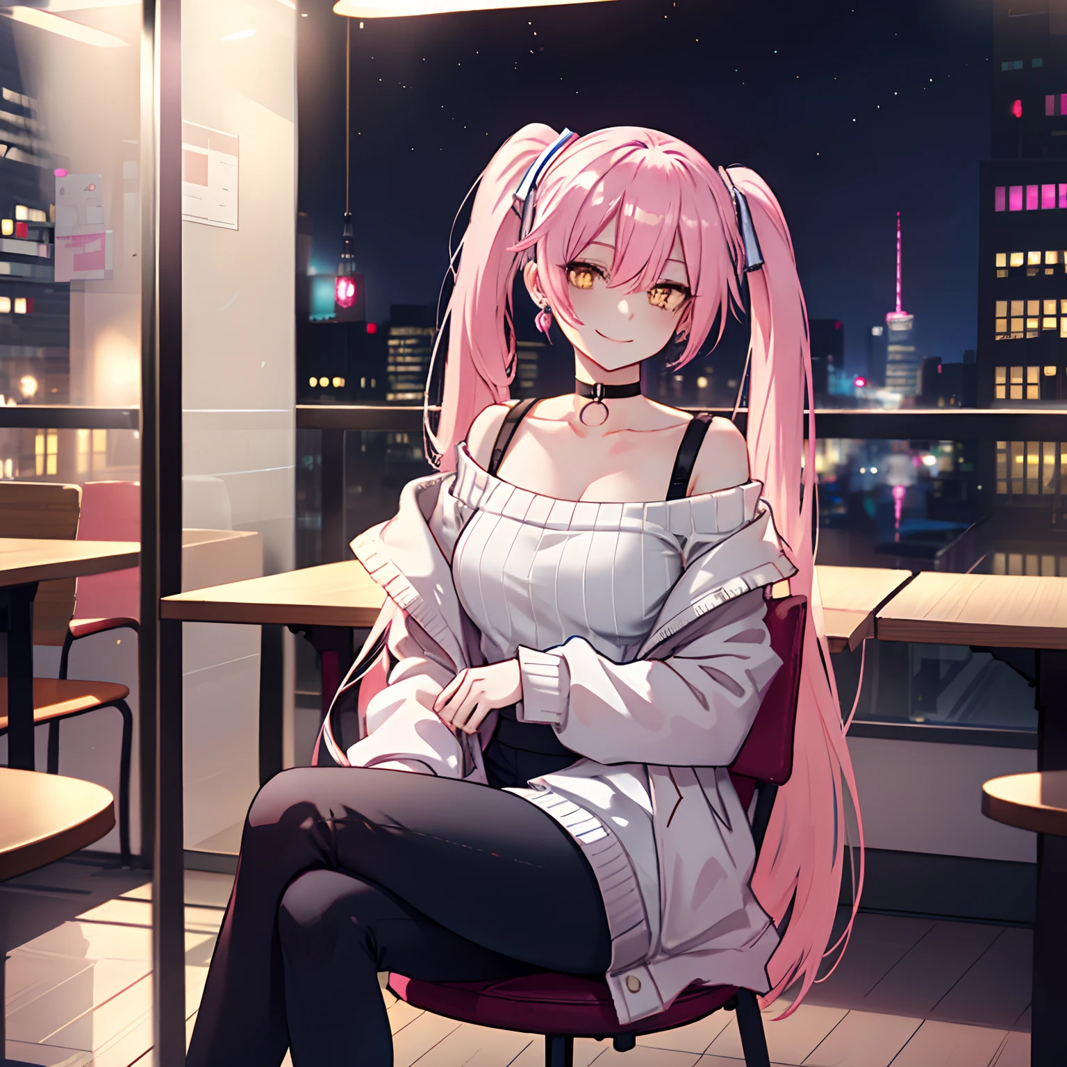 1 girl, yellow eyes, twintails hair, long hair, pink hair, medium chest, medium ass, smile, happy, hairpins, choker, smile, happy face, city, night, earrings, leggings, light gray sweater with off shoulders, coat pink, sitting at the table, table, chair, blurred background, in a coffee shop, drinking coffee ultra detailed, 8K wallpaper, reflection light, ray tracing, realistic
