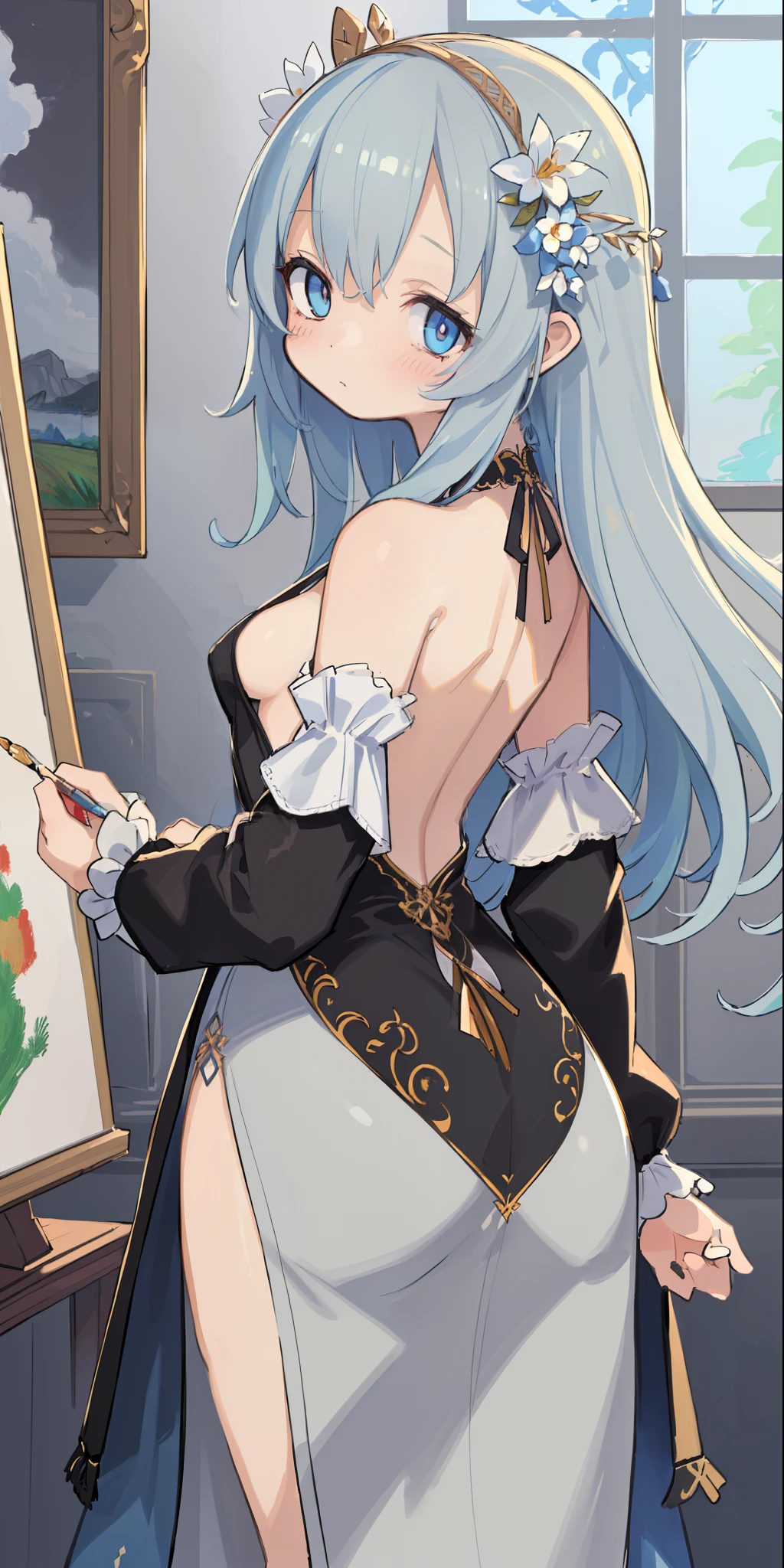 (((masterpiece))),(((best quality))),((ultra-detailed)), ((illustration)),floating, ((extremely delicate and beautiful)),(beautiful detailed eyes), ((disheveled hair)), (painting),(sketch), 1girl, small_breasts,((neck)),(back)),(looking back), blush,dhalter dress, chipped hair,backless dress