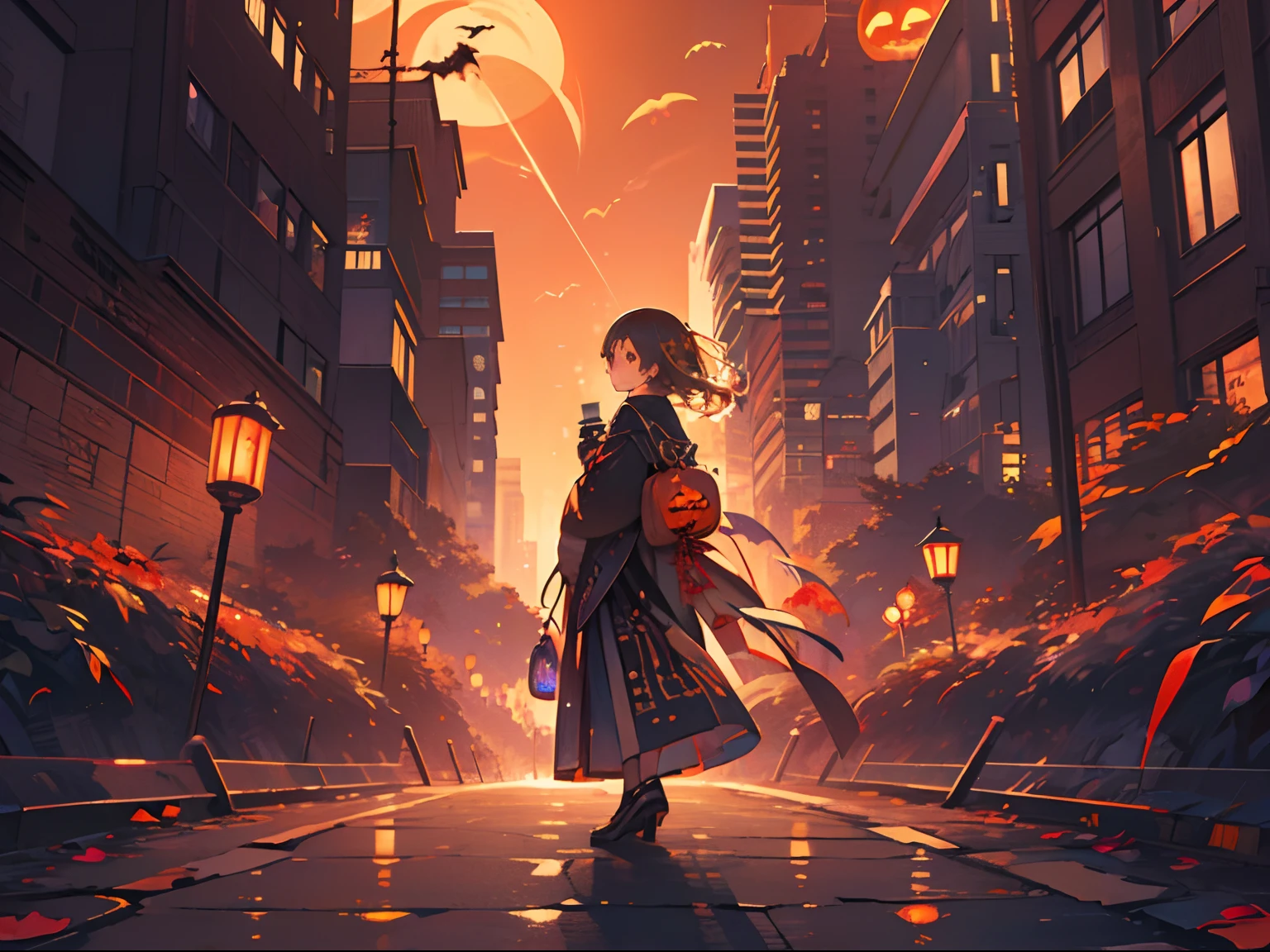 Masterpiece, fine detail, 4k, 8k, 12k, solo, one person, beautiful girl, white woman, Halloween, android, ocher hair, reddish-brown eyes, smile, city, road, brick, jack-o-lantern, bat , night, night sky, lantern