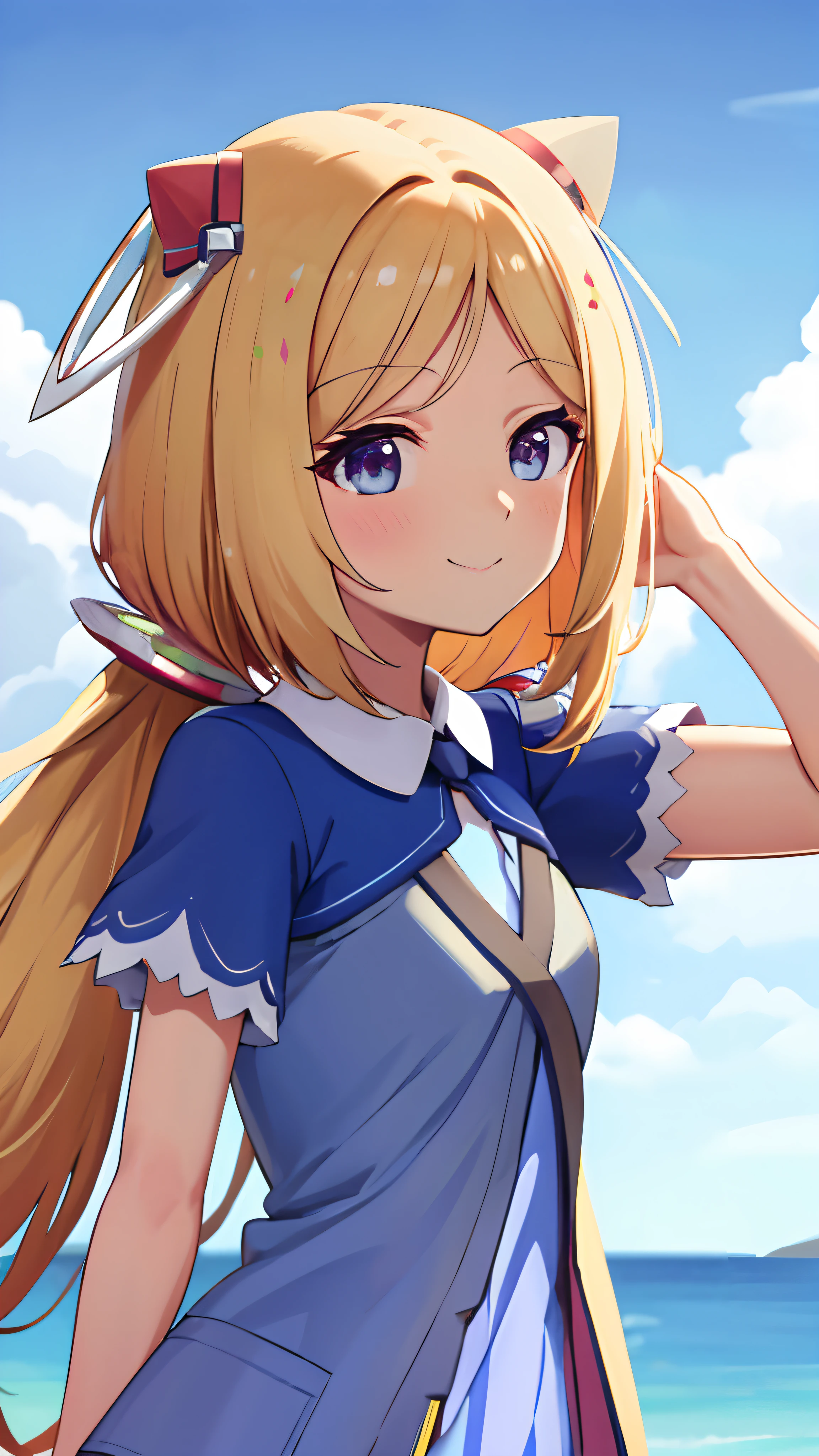 Aki Rosenthal
,Hair falling out, Long hair, low twintails, Headgear
,Collared dress, Short dress, Blue jacket, Short sleeves, White Gloves, elbow groves,a smile