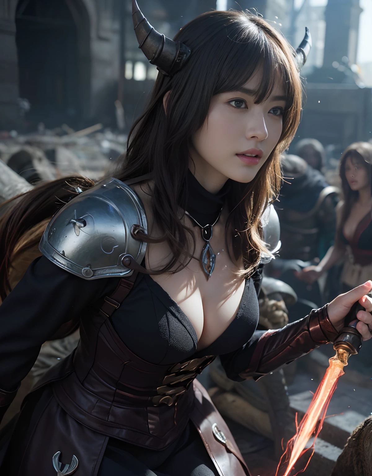 (One Knight Girl)、top-quality、masterpiece、超A high resolution、(Photorealsitic:1.4)、Raw photo、女の子1人、Fight mutants、(Wear the Dark Knight's Armor)、glowy skin、(((Dark Fantasy)))、With a beautiful sword and shield、(Black Metal Bodysuit)、(Fight goblins、ogre、Fierce battle with orcs),(Fight fiercely against aliens)、Fight fiercely、(Skeleton collective background),(Background of decaying dungeon ruins)、(Skeleton helmet)、(Fighting Demonic Beasts)、(Small LED)、((super realistic details))、portlate、(Strong giant demon beast background),globalillumination、Shadow、octan render、8K、ultrasharp、Colossal tits、Raw skin is exposed in cleavage、metals、Details of complex ornaments、Japan details、highly intricate detail、Realistic light、(Mystical expression),CGSoation Trends、Red Eyes、radiant eyes、Facing the camera、neon details、(Mechanical limbs)、(blood vessels connected to tubes)、()、Gundam、Small LED、Toostock、(Fight aliens on another planet)、(Attack of the Monster Beasts)、(Wounded in a deadly battle)、