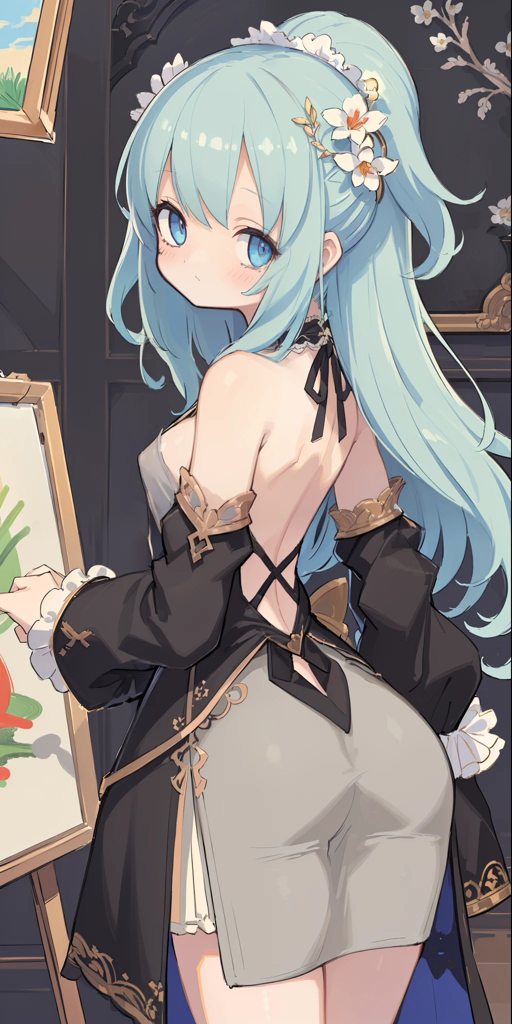 (((masterpiece))),(((best quality))),((ultra-detailed)), ((illustration)),floating, ((extremely delicate and beautiful)),(beautiful detailed eyes), ((disheveled hair)), (painting),(sketch), 1girl, small_breasts,((neck)),(back)),(looking back), blush,dhalter dress, chipped hair,backless dress