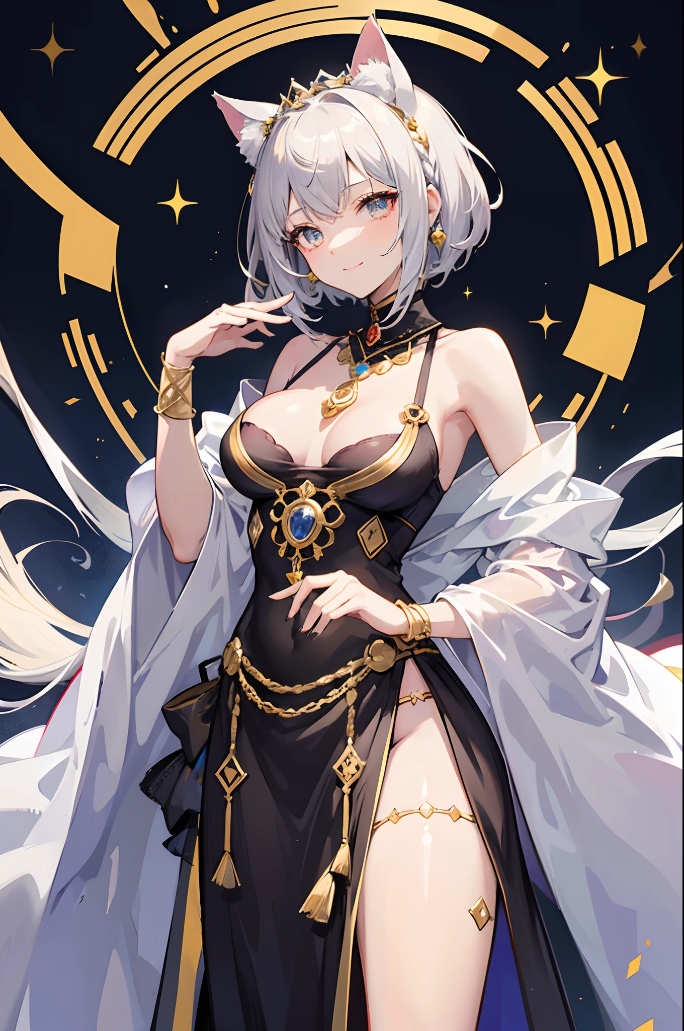 Cover magazine, anime, A cat-eared girl. Short hair, gray hair, solo, her eyes are reddish yellow. Short, dark skin, brown skin and small breasts. She smile to viewer, she naughty. Her bangs were trimmed with a slight sideways braid to expose her forehead. A simple golden sun symbol was painted on her forehead. There was a pair of gold ornaments in the shape of parallel petioles on her head that were beautifully arranged to resemble a tiara. Her black cat ears were polished so that they were slightly silvery. Gold rings can be seen encircling her tail and ears. Her style is Middle Eastern, Arabian style. Her clothes are typical of the Sultanate family (princess) and are dominantly white complete with various jewelry as accessories.