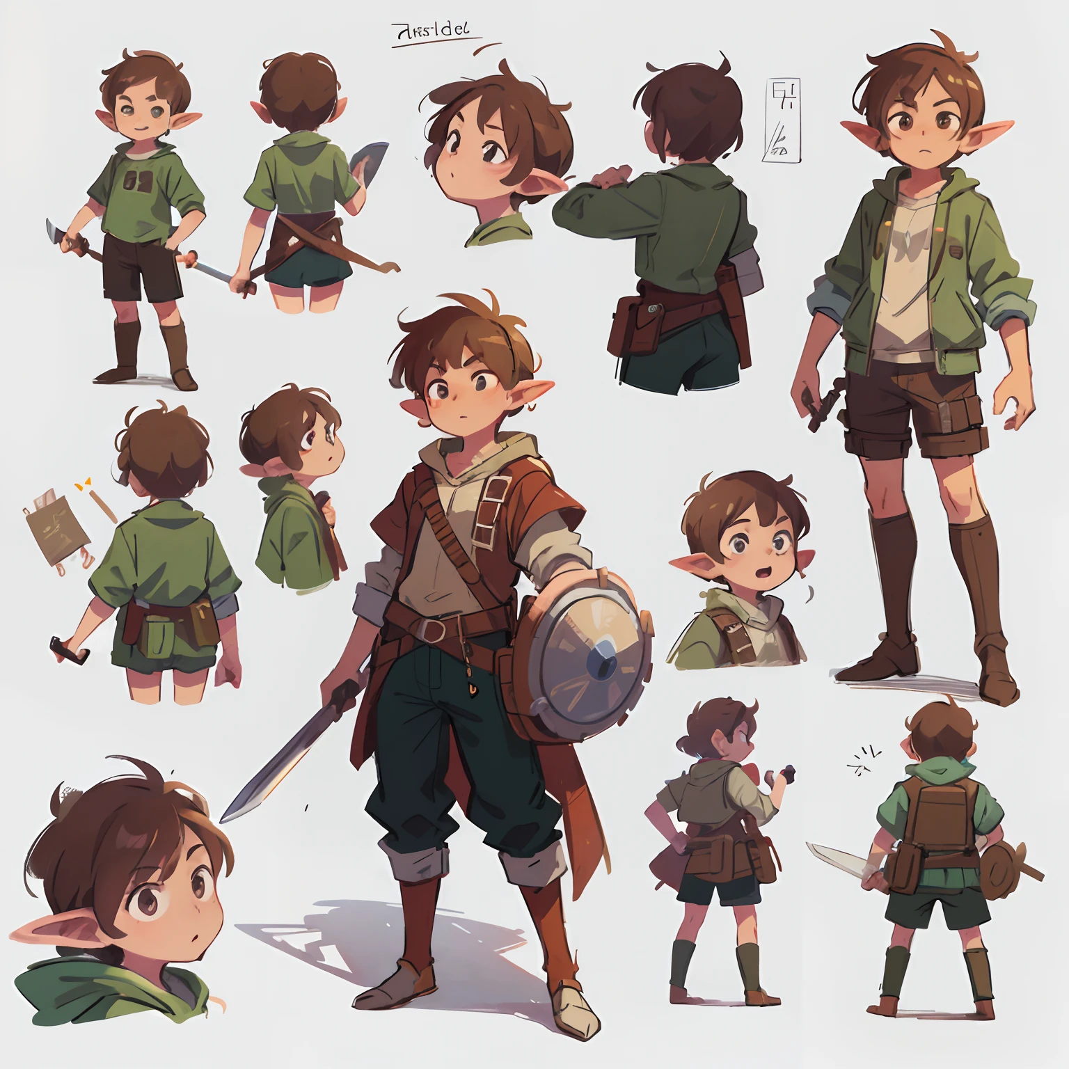 Anime style, Close-up of a male warrior in leather armor，（（concept art of character）），((CharacterDesignSheet、Same role、frontage、Lateral face、on  back))Character art for medieval fantasy world stories with video game character design，video game characters designs，The image of a boy warrior with a round shield and a sword，Hold a shield in your left hand，Hold a sword in your right hand，ears of elf，Brown hair，expert high detail concept art，metal slug concept art，interesting character design，Boy warrior in the fantasy world of Middle World，ears of elf，（（Young male warrior））
