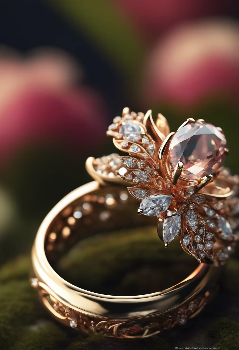 un design de bijoux, Flower Themed Ring, Gemstones & Diamonds, Luxe, Closeup, Vue du produit, Tendances sur ArtStation, CGsociety, ultra quality, digital art, Hyper exquisite details, 4K, softlighting, dream-like, mode, Rendu par Unreal Engine