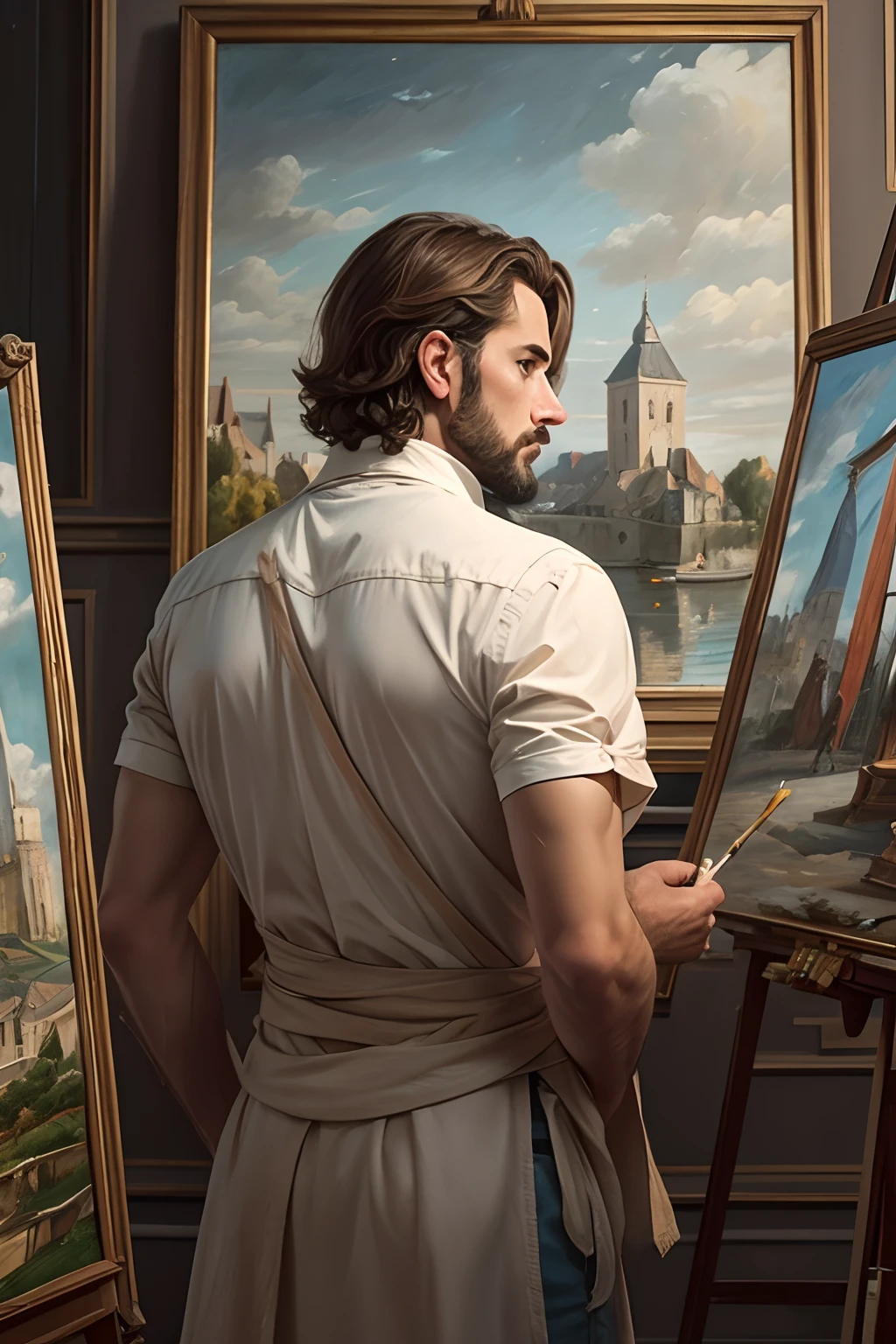 a French male painter, painting and making art. The viewpoint is set from behind the artist to see the art he's working on