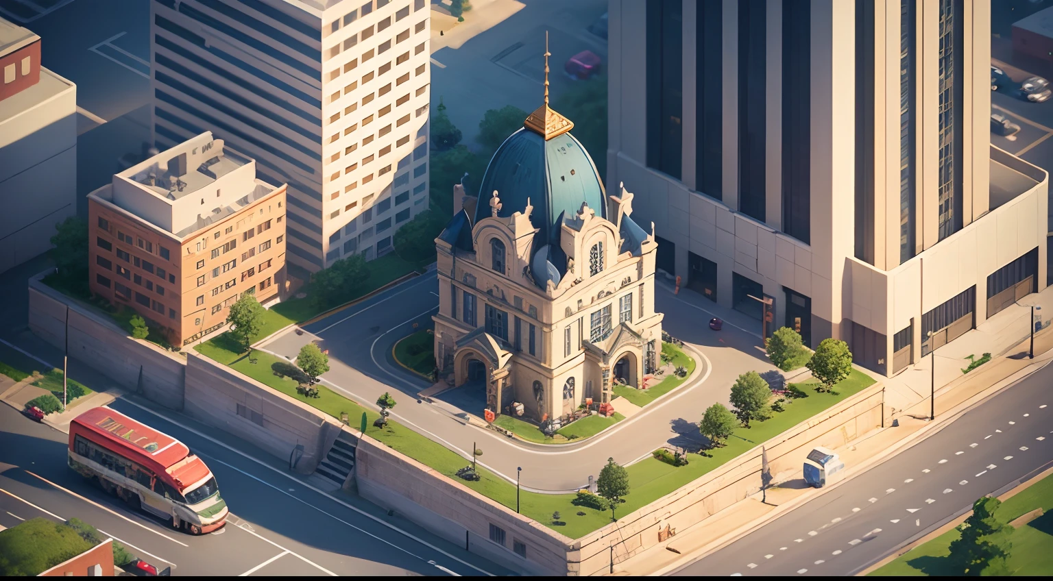 an RPG game map, city scene in game, road, highway, clean background, isometric, tilt shift, octane render, 16-bit pixel art, 16K resolution, ultra detailed, UHD, high quality, vibrant color, colorful