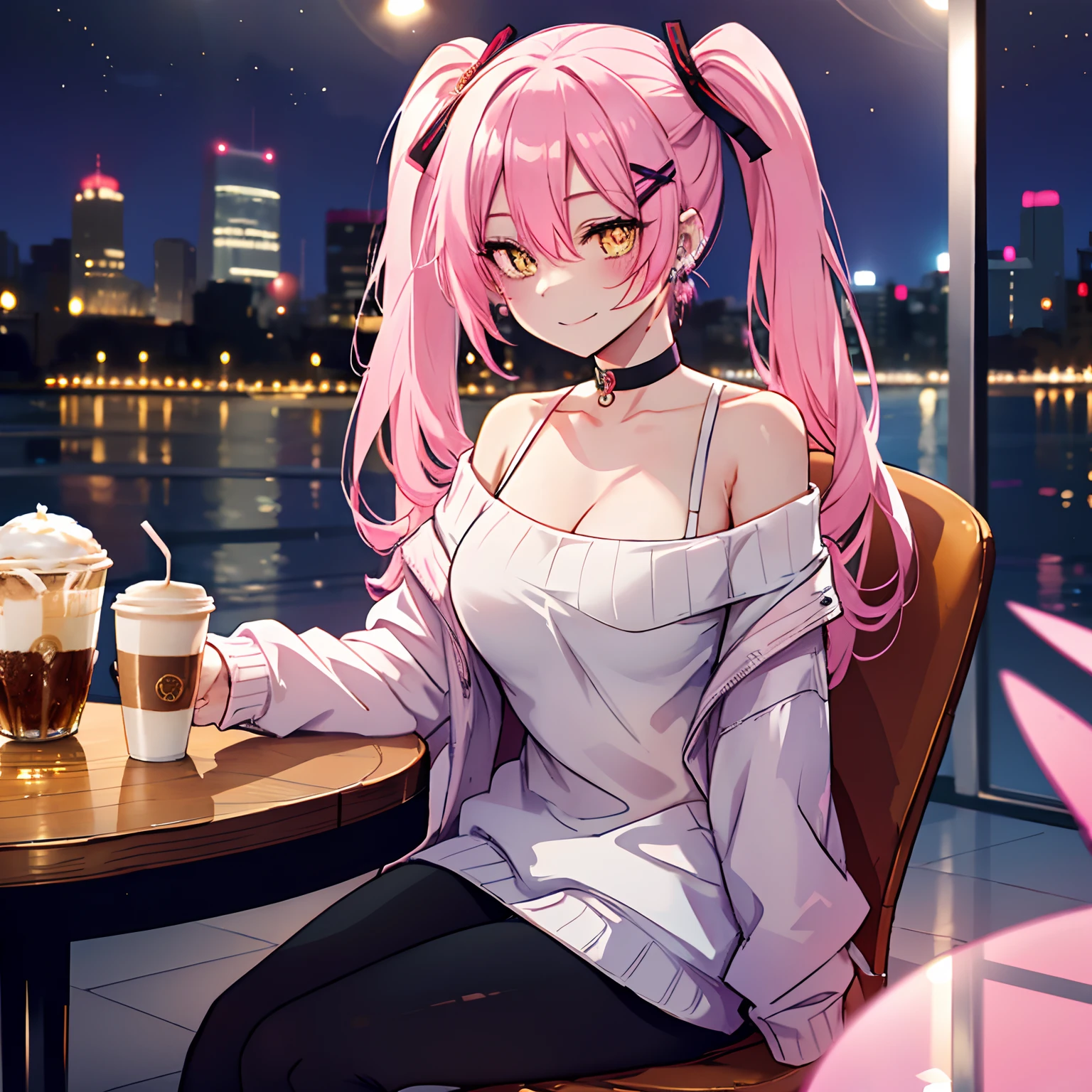 1 girl, yellow eyes, twintails hair, long hair, pink hair, medium chest, medium ass, smile, happy, hairpins, choker, smile, happy face, city, night, earrings, leggings, light gray sweater with off shoulders, coat pink, sitting at the table, table, chair, blurred background, in a coffee shop, drinking coffee ultra detailed, 8K wallpaper, reflection light, ray tracing, realistic