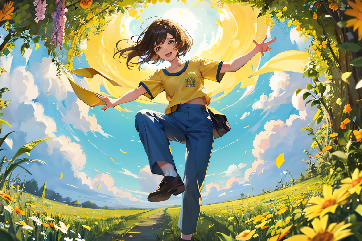 Floral landscape showing a caucasian happy student of about with school uniform, yellow t-shirt and long blue pants