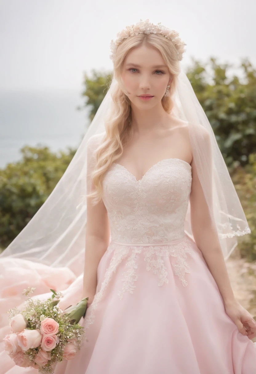 (Full body photo of one girl dressed as a bride in a pink dress with a large transparent veil + Soft and delicate + blonde  hair)+(long dresses in bright colors, brightened light, animesque , Long straight blonde hair + Bright and welcoming eyes)+(Flower bouquet+ gentle wind+ with blue sky and white clouds + Large window), animesque