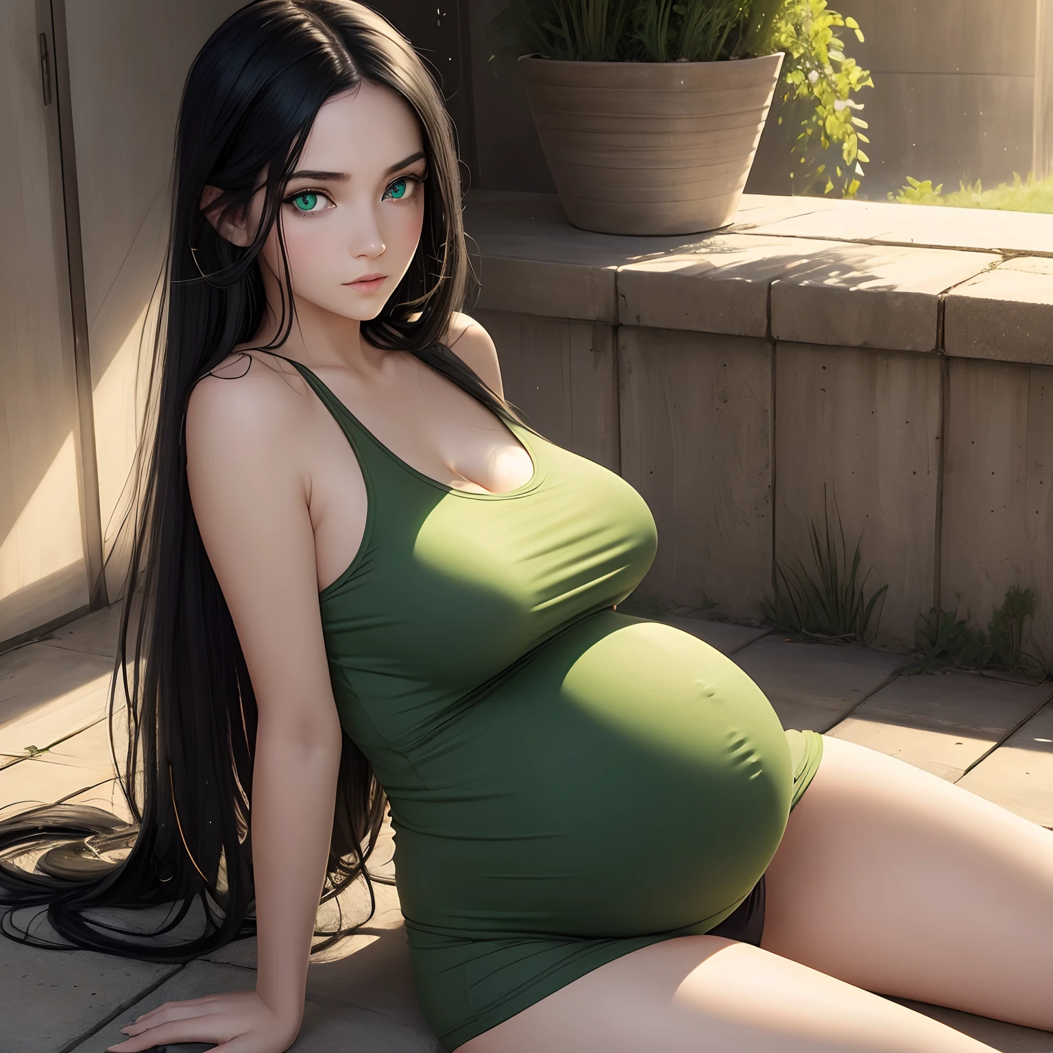 (1girl),(masterpiece), (work of art), (amazing work), (detailed eyes), (green eyes),(multicolored), (long black hair), (sparkling eyes), (1girl),),best quality, full body, expressive eyes, perfect face,green tank top, large breasts , pregnant, heavily pregnant, dripping pussy