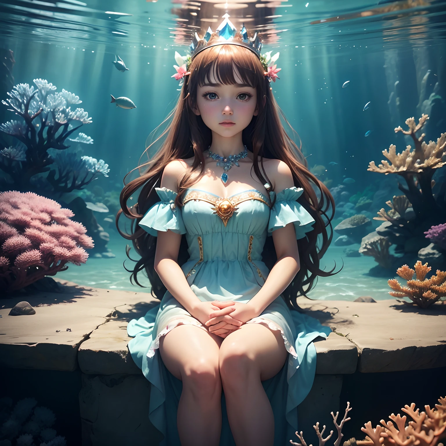 High detail CG,rich details,An underwater world in the sun,water bubbles,small fish swimming around,Dress normally,Princess dress,A crystal crown is worn on his head,Dragon Princess,Wear an exaggerated necklace,Brown hair long,The sun shines on the body,glowing white,The art of clocking in,sit on chair,with hands resting on knees,The corals
