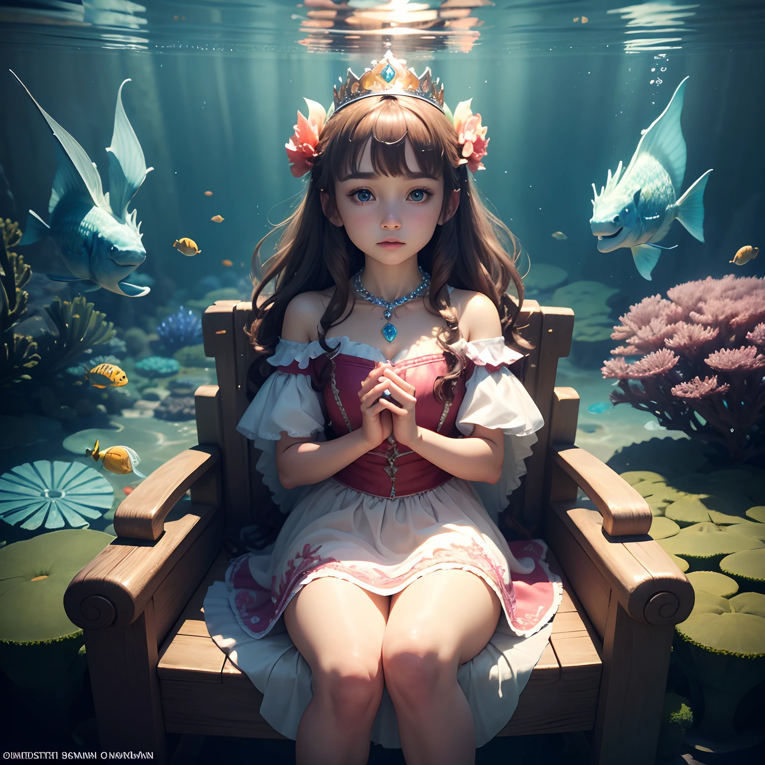 High detail CG，rich details​，An underwater world in the sun，water bubbles，small fish swimming around，Dress normally，Princess dress，A crystal crown is worn on his head，Dragon Princess，Wear an exaggerated necklace，Brown hair long，The sun shines on the body，glowing white，The art of clocking in，sit on chair，with hands resting on knees，The corals