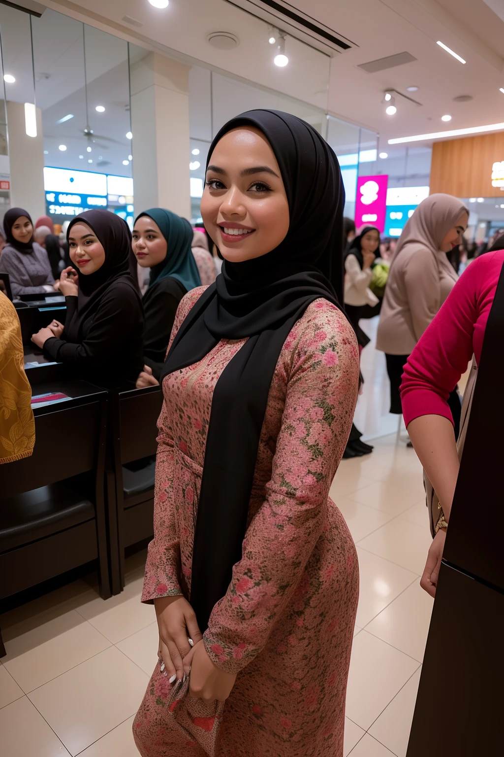 Portrait photography of a beautiful young malay girl in hijab wearing Square Neck Bow Front Floral Jacquard Dress , catwalk, nighttime, crowded mall background, bright lighting, smile and happy gesture, small abs, wide hips, thick thighs, small abs, petite, detail skin texture, 4k, high detail, ultra detail,