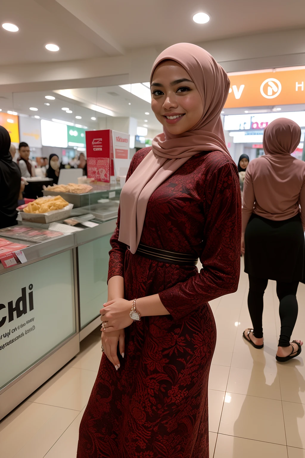 Portrait photography of a beautiful young malay girl in hijab wearing white modest Square Neck Bow Front Floral Jacquard Dress , fully cover dress, catwalk, nighttime, crowded mall background, bright lighting, smile and happy gesture, small abs, wide hips, thick thighs, small abs, , detail skin texture, 4k, high detail, ultra detail, detailed skin texture, Nikon D850, Photographie de film ,4 Kodak Portra 400 ,camera f1.6 lentilles ,hyper realistic ,lifelike texture, dramatic lighting , Cinestill 800, (high detail face:1.4) (sourire:0.7)