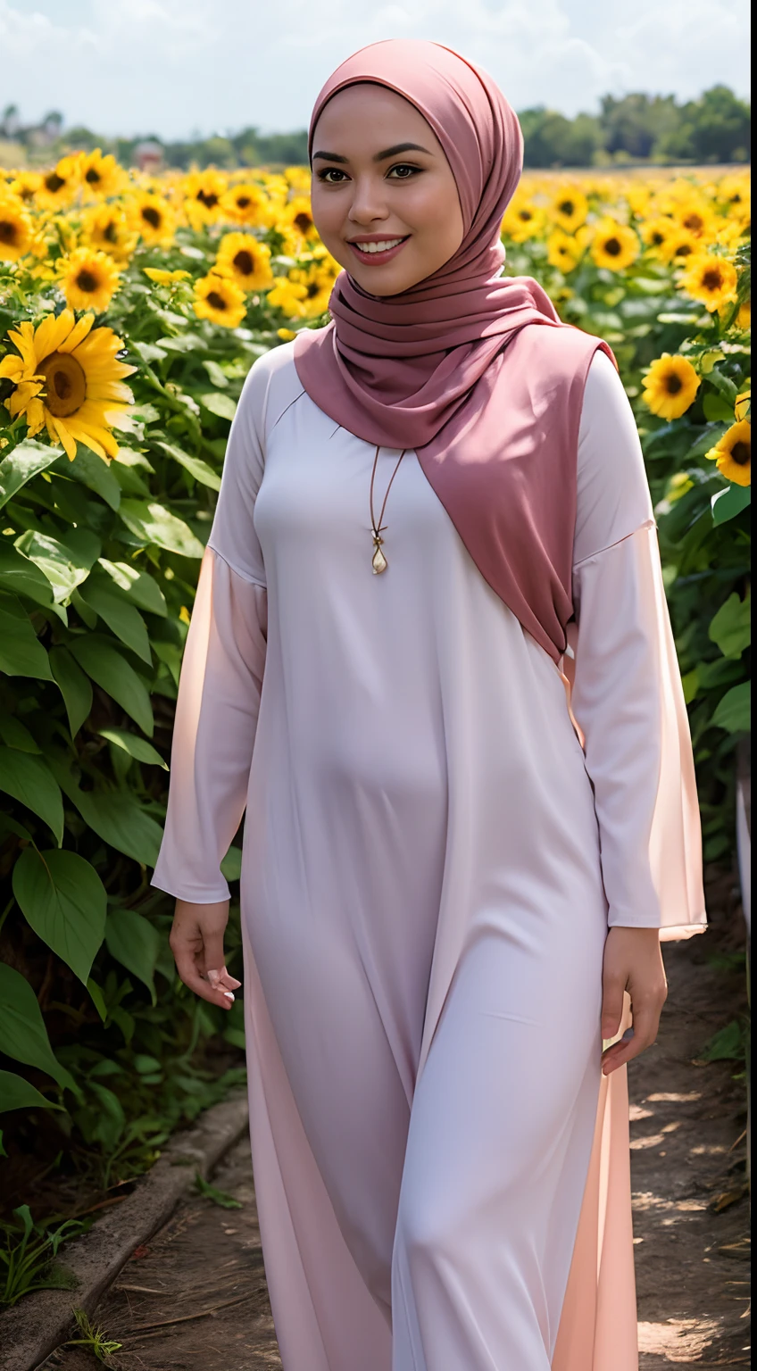 Malay girl in long hijab wear baju kurung, pastel color, walking in sunflower field, windy, blown her hijab, front view, detail skin, detail skin texture, mole below eyes, small breast, wide hips, small waist, thick thigh, slim abs, beautiful body, sunrise, laughing, happy, bright lighting, blur background, bokeh, 4k, ultra detail, high quality photo,