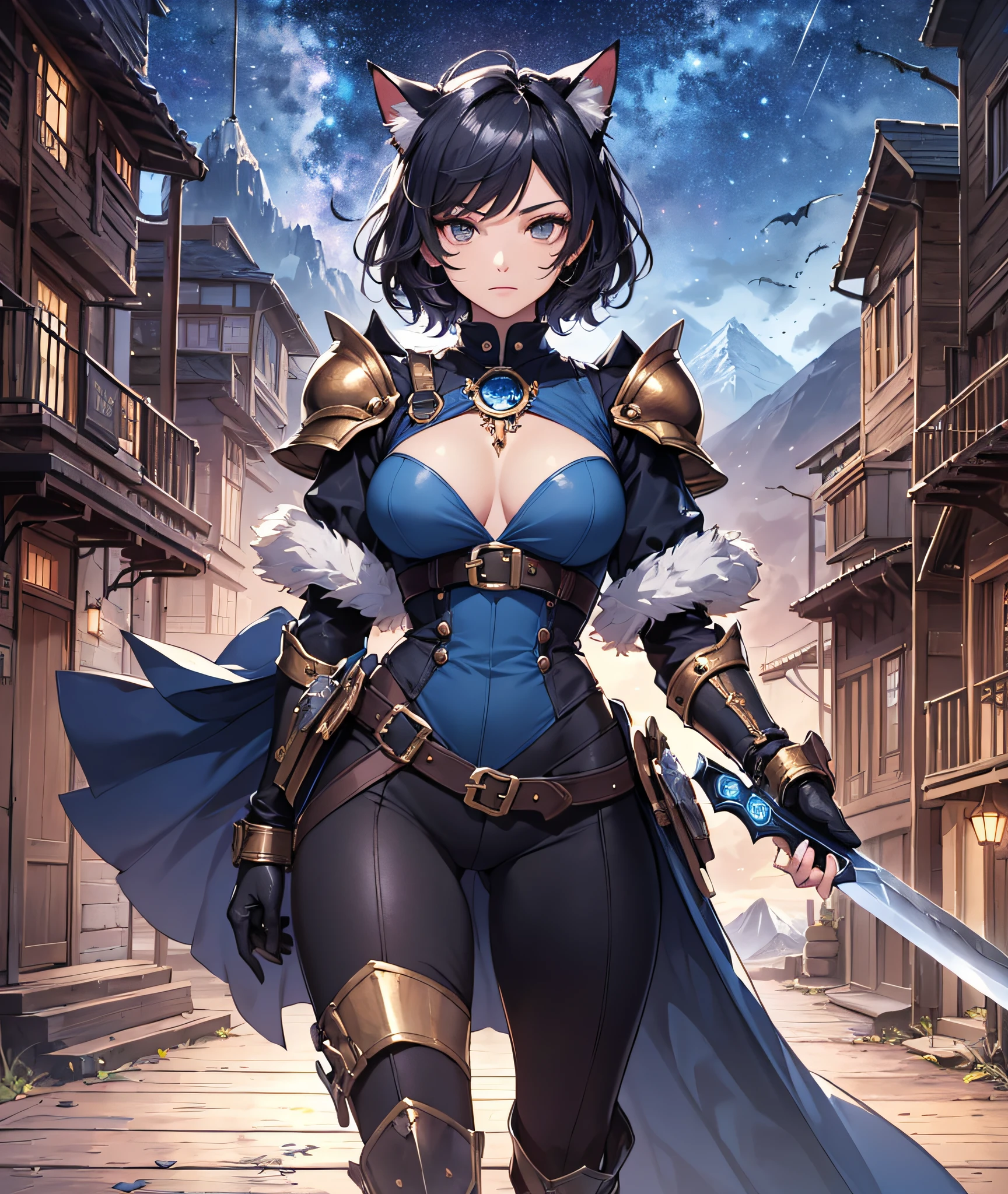 Beautiful detailed girl, Clear and beautiful, Character as the main point of view, radiant skin, girls, femele, young, 20yo, bobbed hair, Short Cut, short-hair, Beautiful detail glass hair, ((Wielding a big sword, Combat Posture)) ((Steampunk Iron Armor Costume, black, ashy)) Beautiful details, cold face, cold expression, beautiful-detailed eyes, Black eyes, Moderate chest, Black-eyed, Full-fledged skin texture, Very good 8KCG wallpapers, very fine 8K CG wallpaper, watercolor (medium), female warrior, Indigo hair, (((Full-body cut))), Cat's ears pink, Long knives, Big knife, Traditional sword, Wielding, Attacking Posture, Levitation, (((s whole body))), Show your whole body, (((dark, Dark Night, Deep Night))) ((Sky color: dark blue)) (((Natural Background, mountains, wood))), ((plein air))