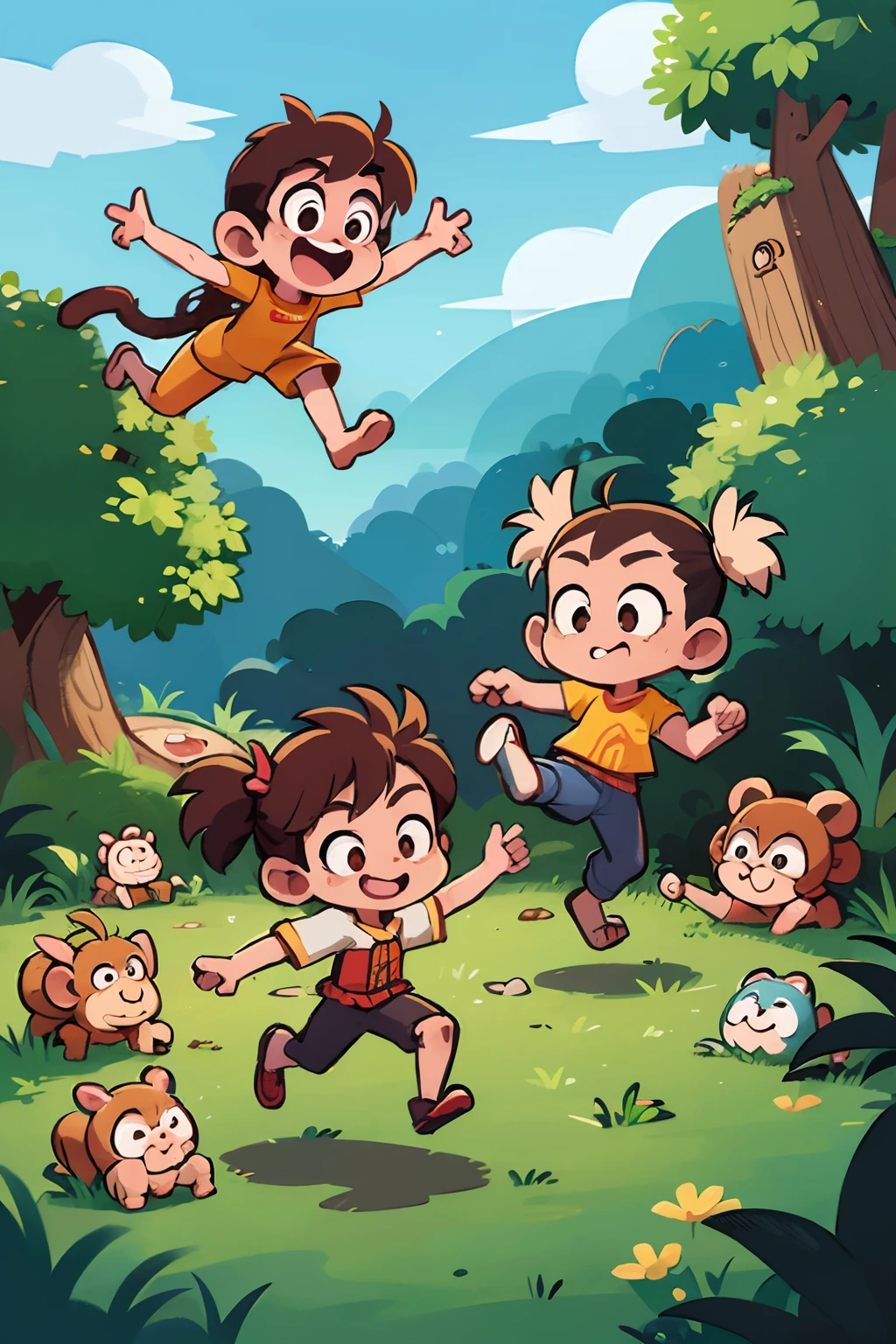 Cartoon monkey jumps and runs with outstretched arms, humanoid monkey fantasy race, monkey limbs, The character has one leg straight,One leg is bent,character is flying, an animated character, ,mascot illustrations, monkeys,Monkey, pixar-style, Illustration of 2 monkeys, japanese mascot, Two characters